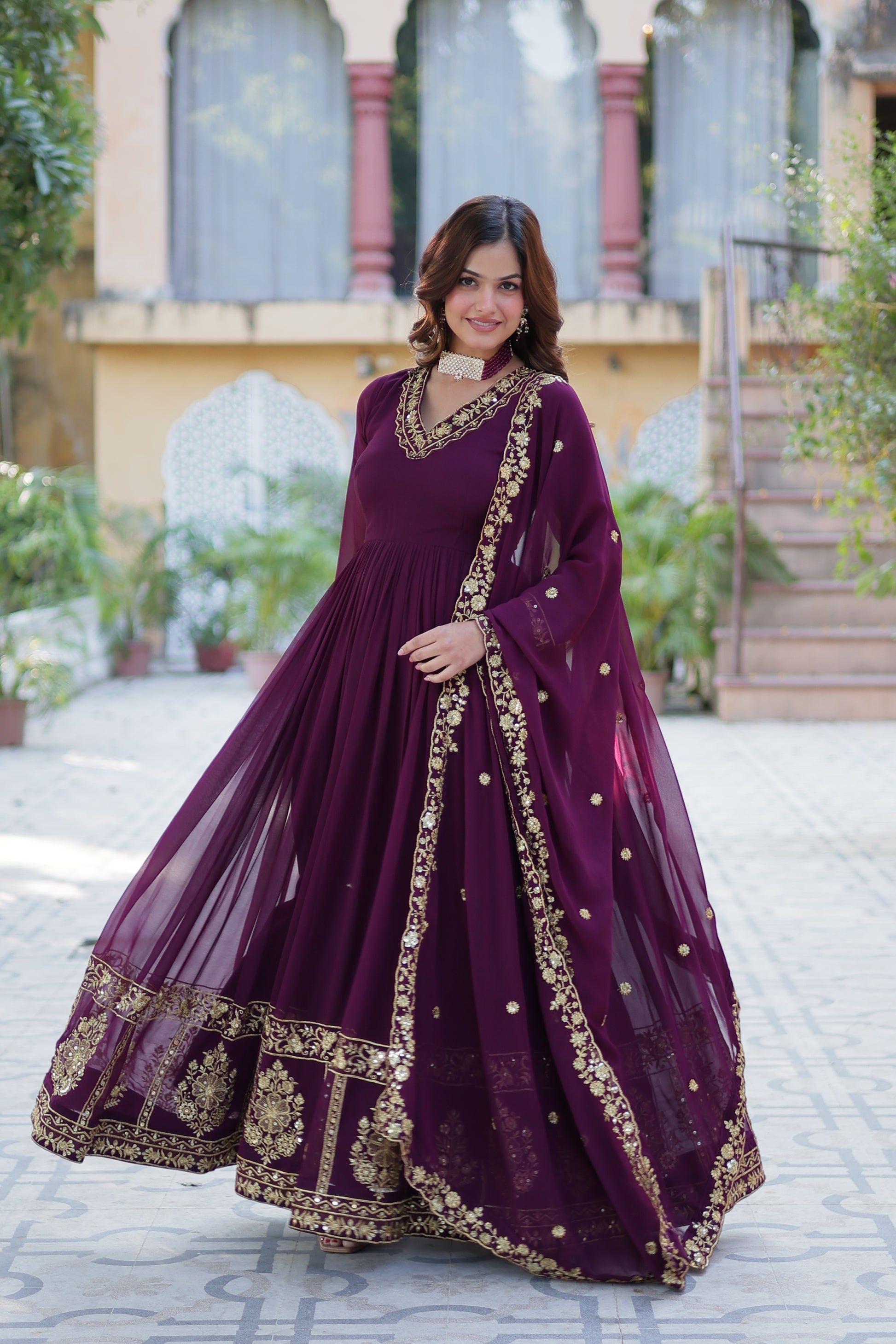 Mishka Wine Embroidered Flared Anarkali Gown Set