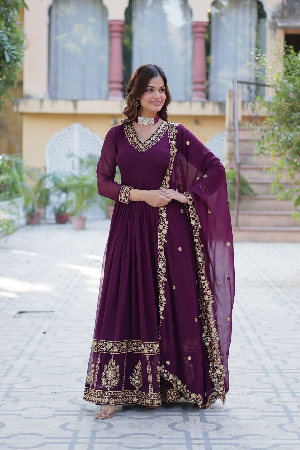 Mishka Wine Embroidered Flared Anarkali Gown Set