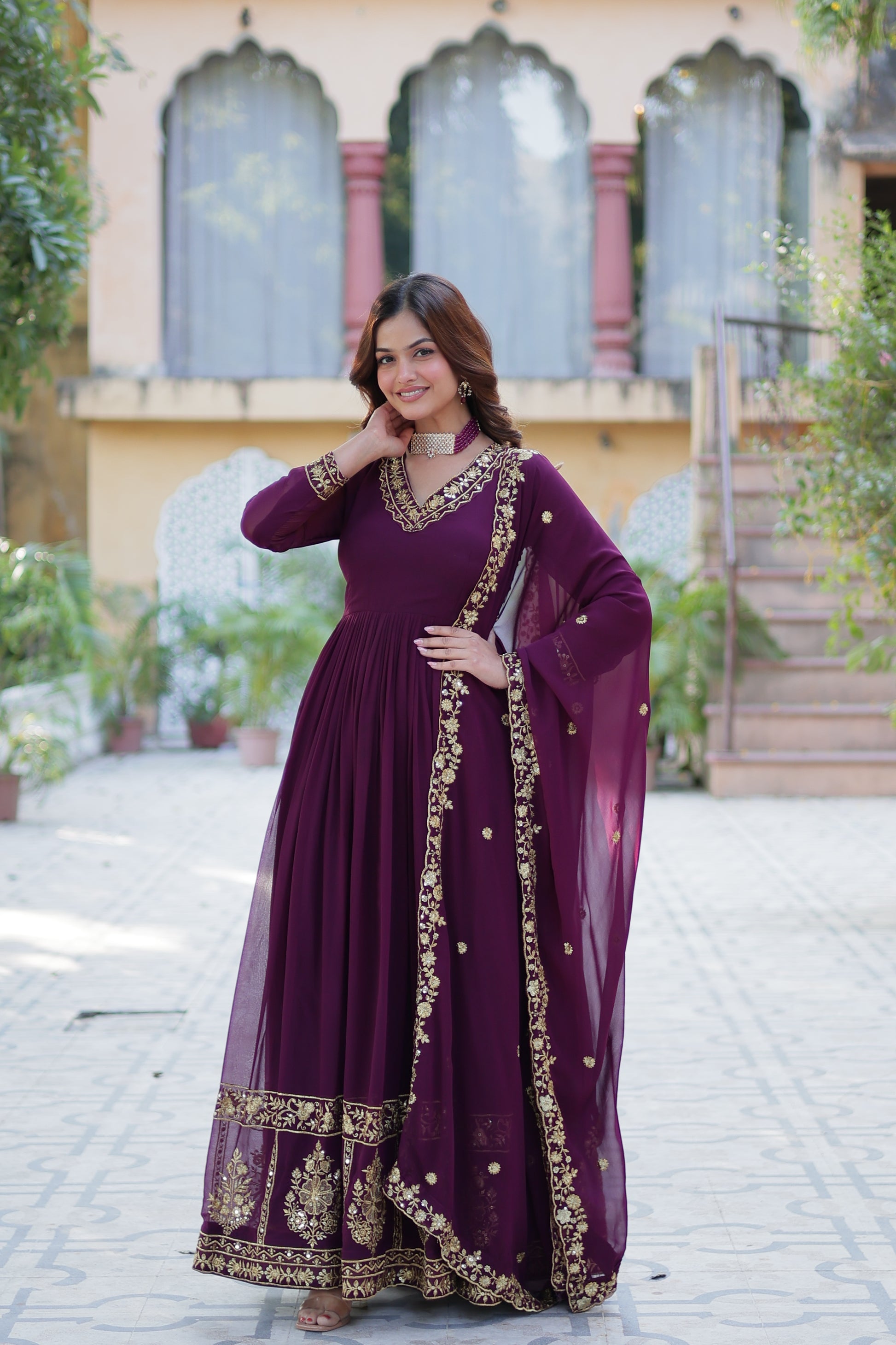 Mishka Wine Embroidered Flared Anarkali Gown Set