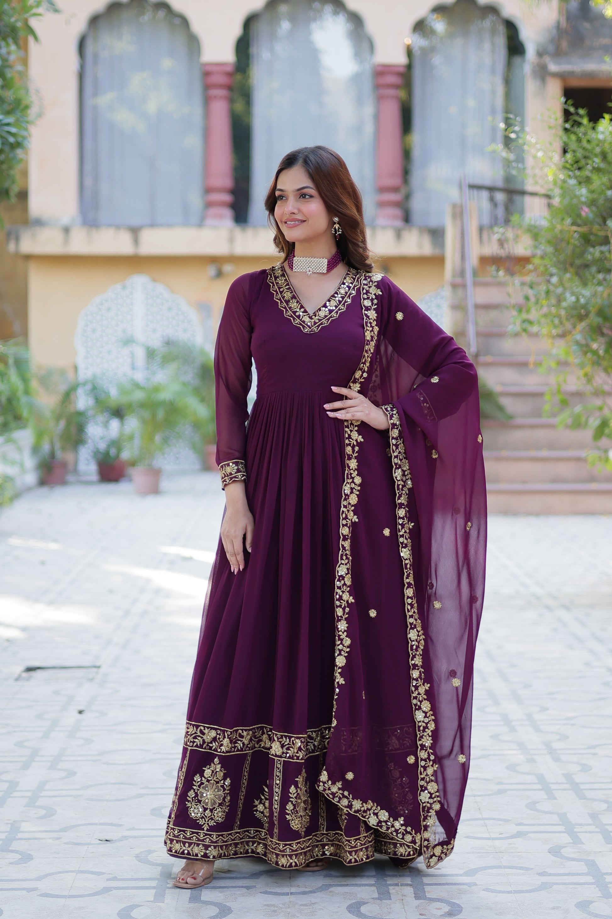 Mishka Wine Embroidered Flared Anarkali Gown Set