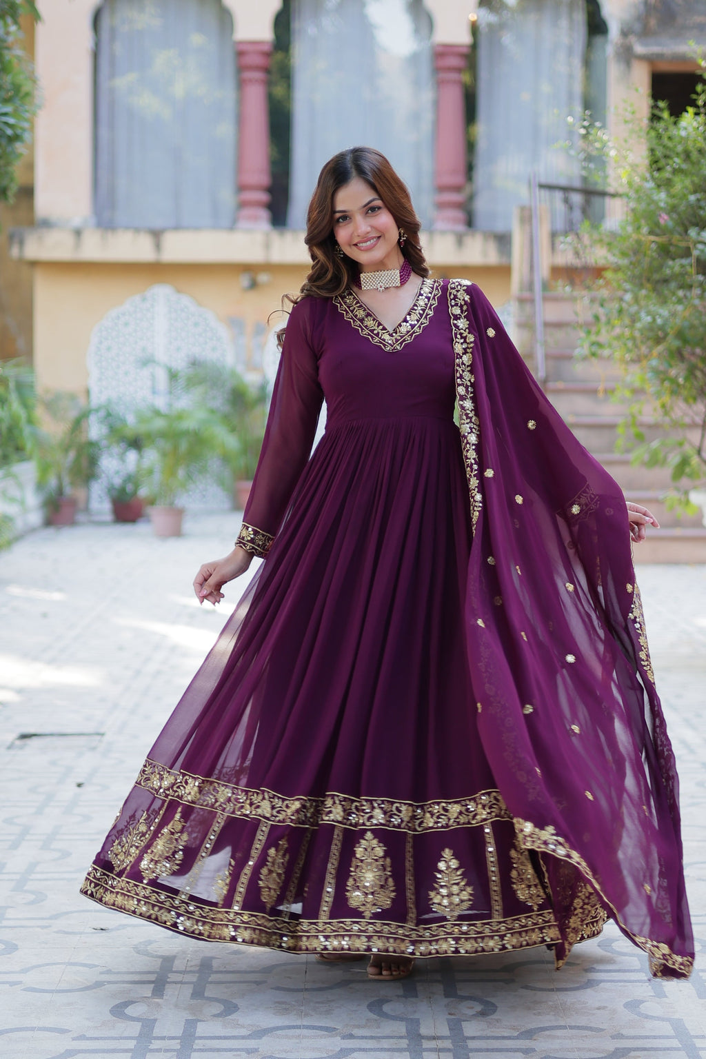 Mishka Wine Embroidered Flared Anarkali Gown Set