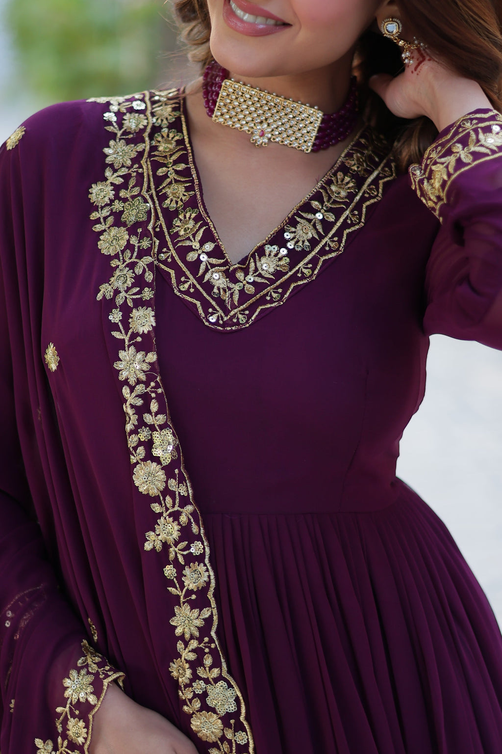 Mishka Wine Embroidered Flared Anarkali Gown Set