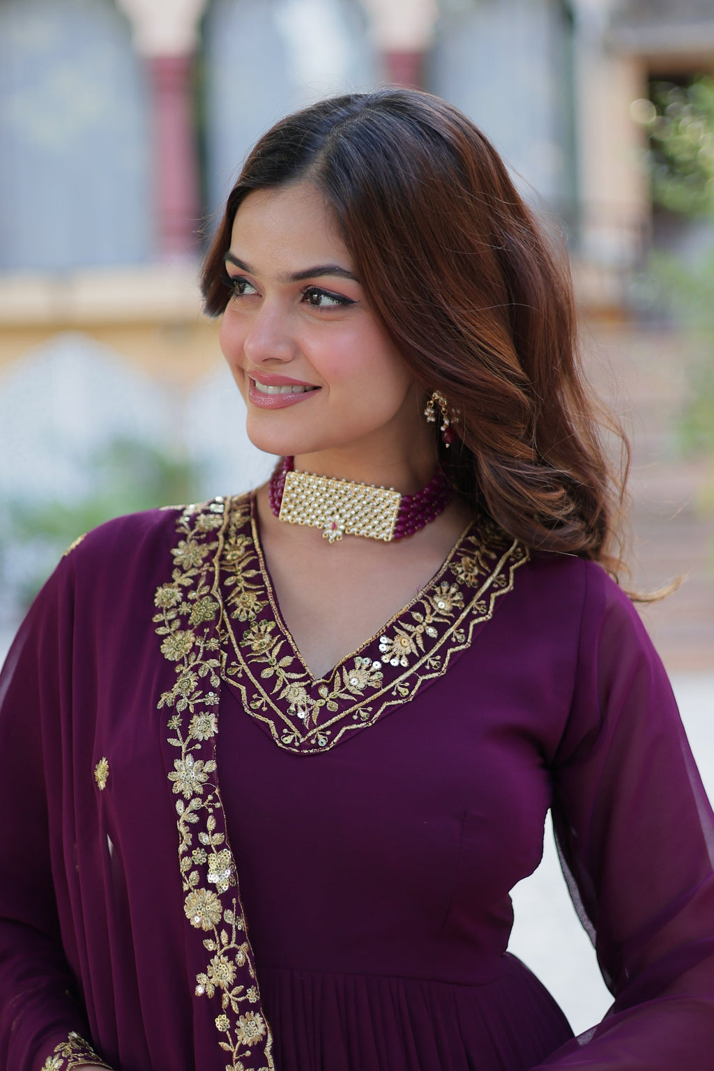 Mishka Wine Embroidered Flared Anarkali Gown Set