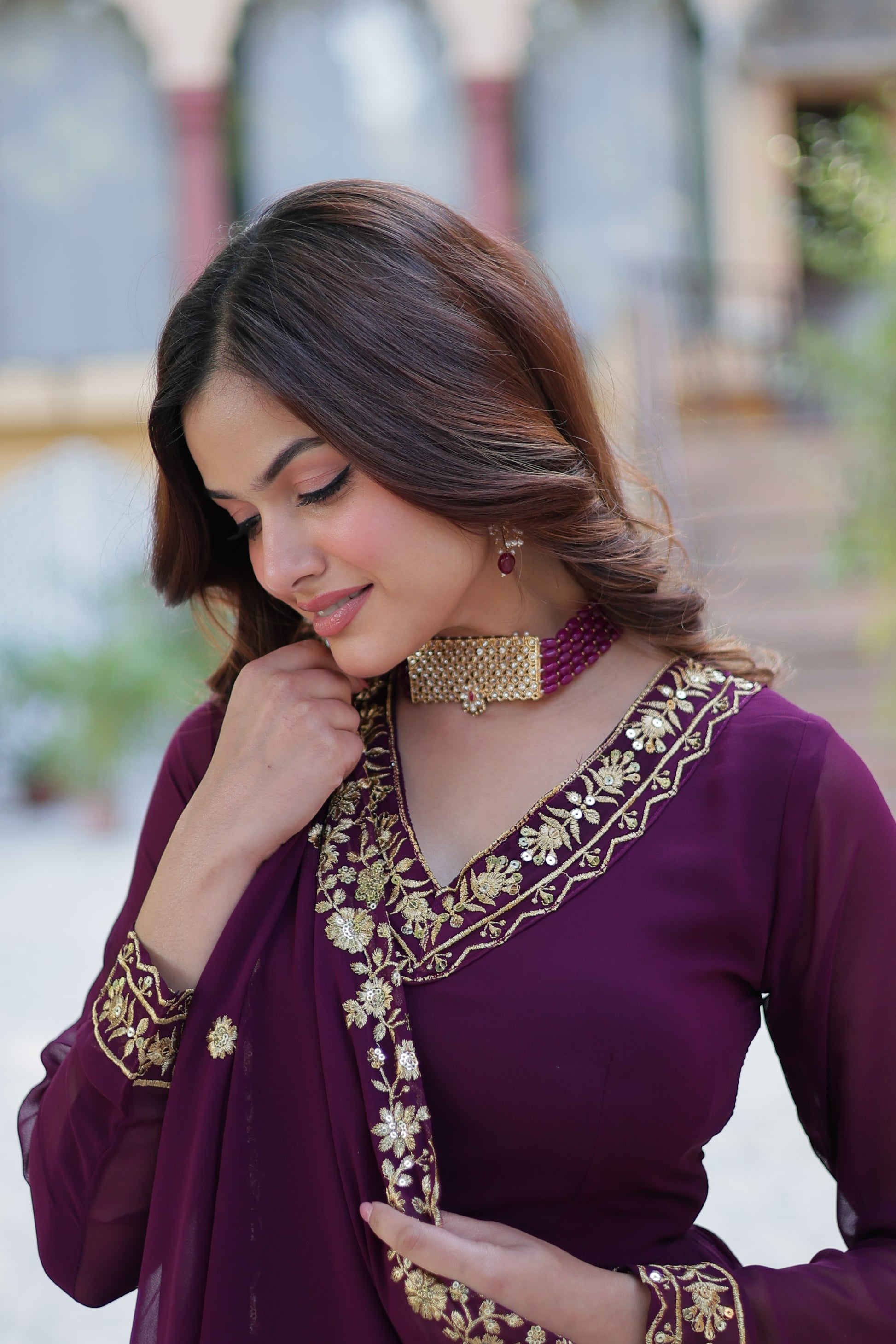 Mishka Wine Embroidered Flared Anarkali Gown Set