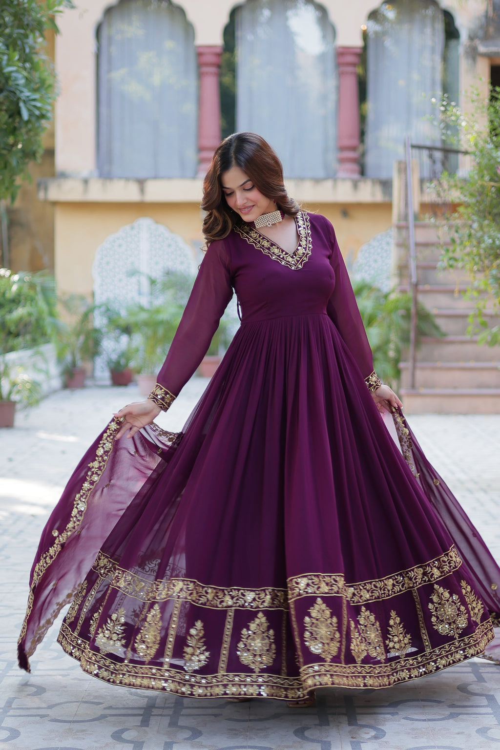 Mishka Wine Embroidered Flared Anarkali Gown Set