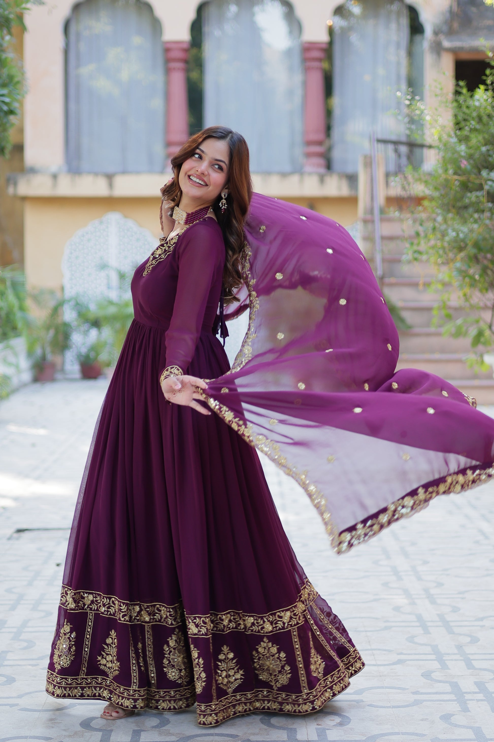 Mishka Wine Embroidered Flared Anarkali Gown Set