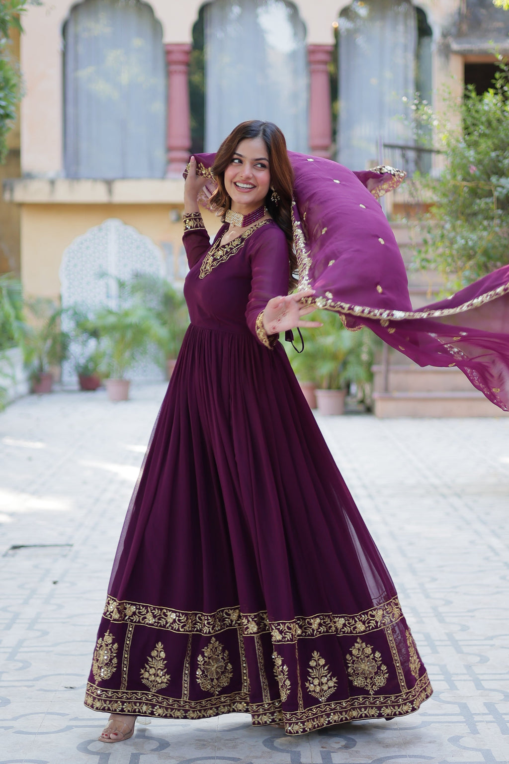 Mishka Wine Embroidered Flared Anarkali Gown Set