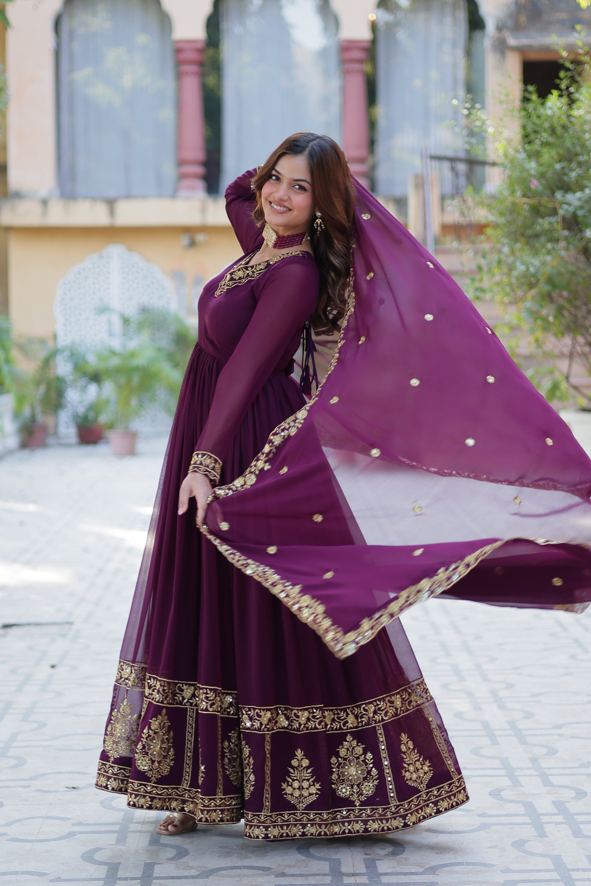 Mishka Wine Embroidered Flared Anarkali Gown Set