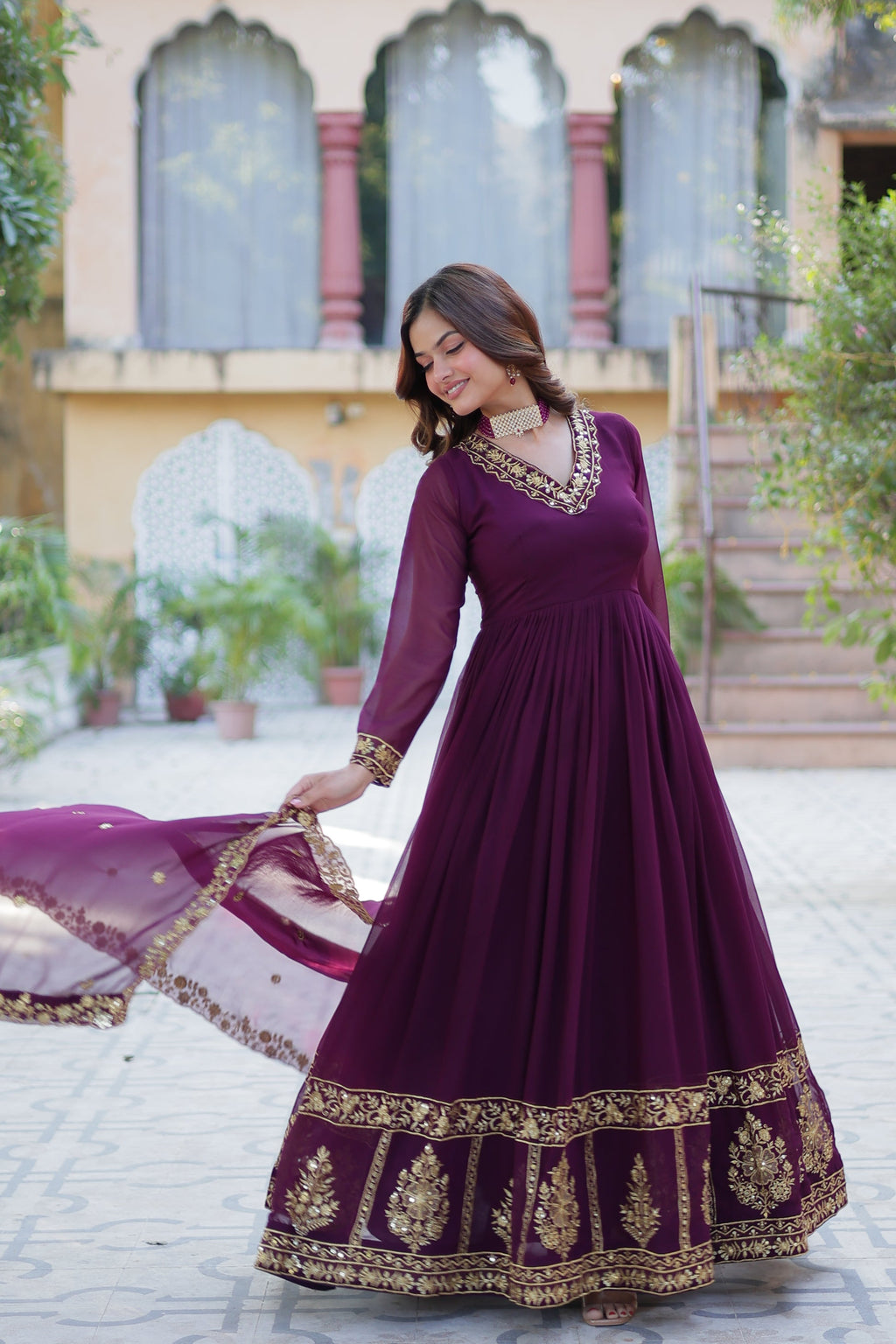Mishka Wine Embroidered Flared Anarkali Gown Set