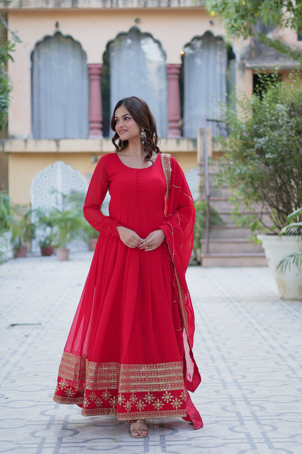 Mokshita Red Georgette Embroidered Flared Anarkali Set