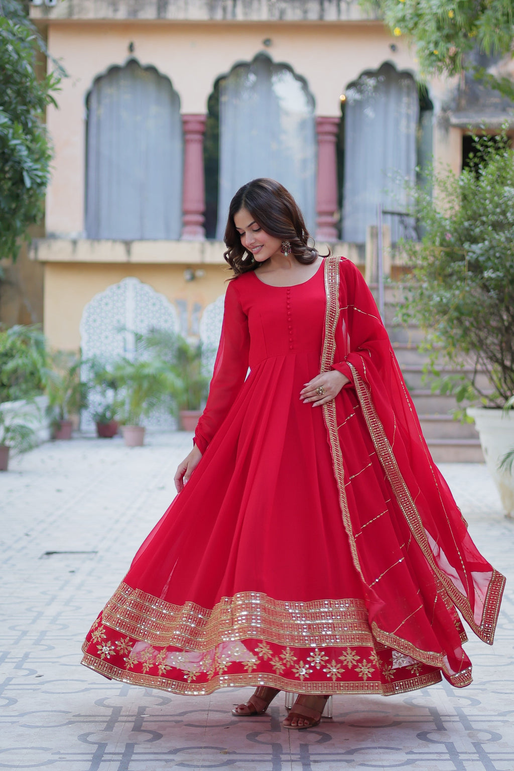 Mokshita Red Georgette Embroidered Flared Anarkali Set
