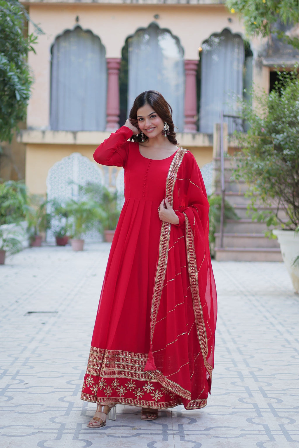 Mokshita Red Georgette Embroidered Flared Anarkali Set