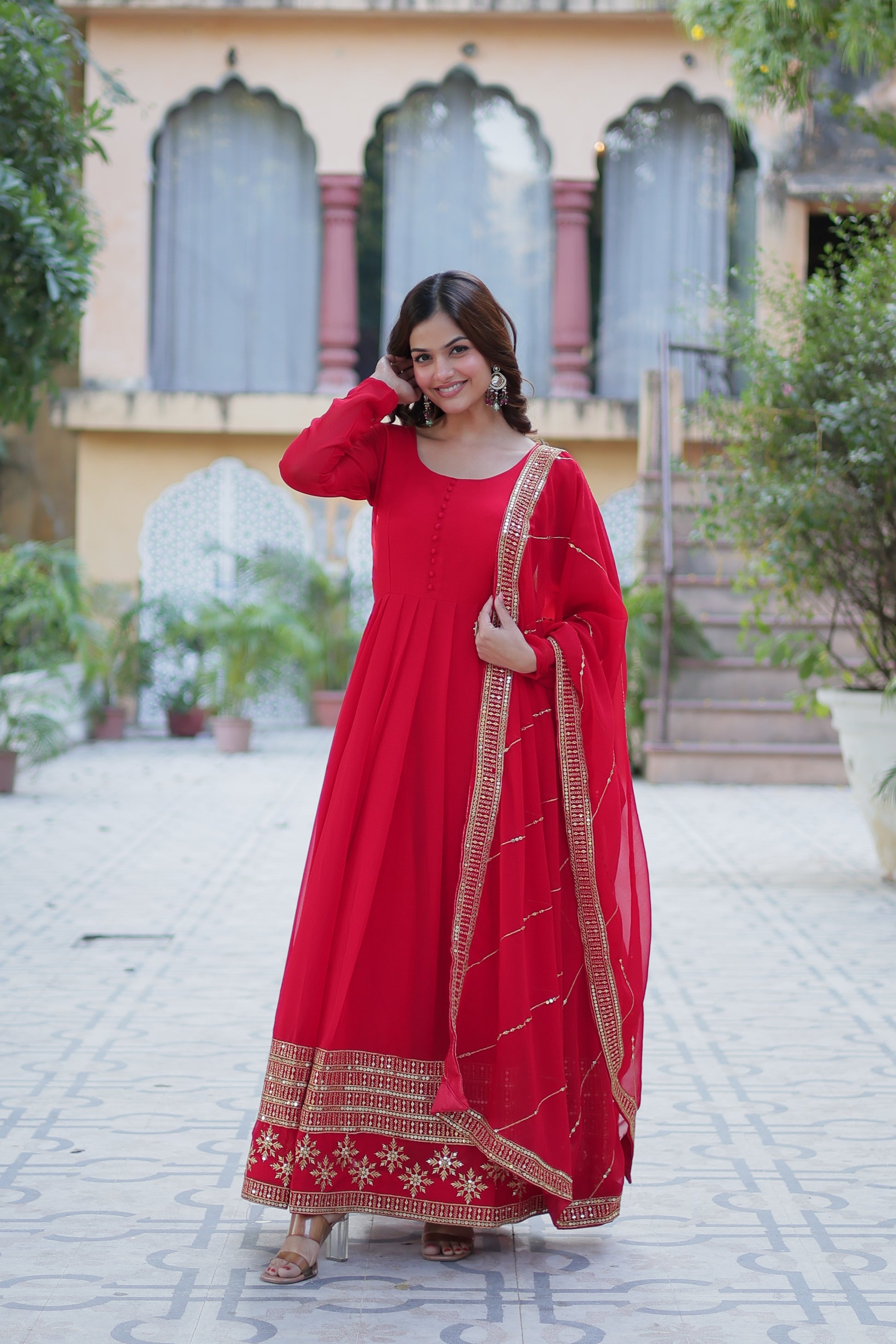 Mokshita Red Georgette Embroidered Flared Anarkali Set