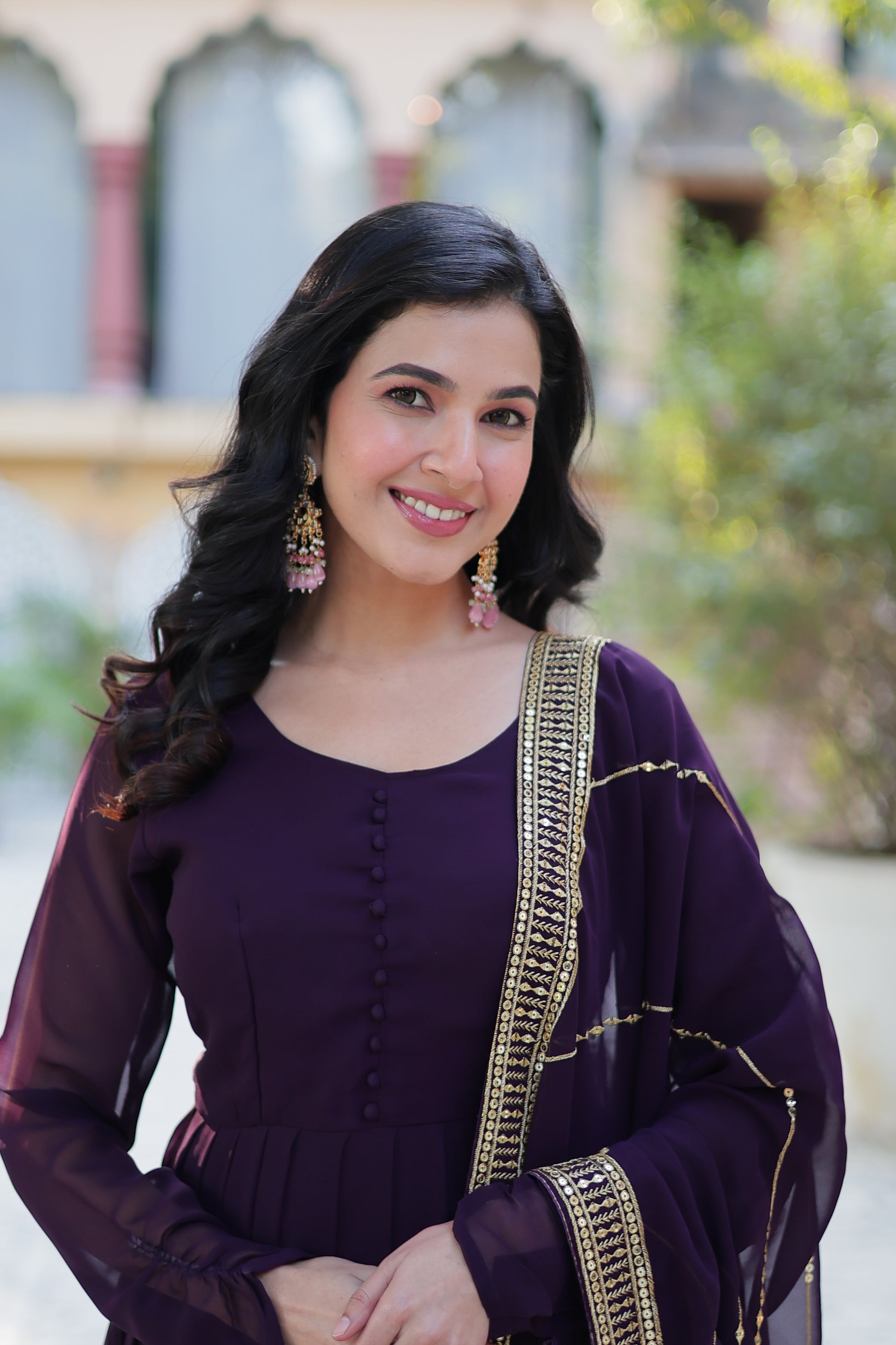 Mokshita Wine Georgette Embroidered Flared Anarkali Set