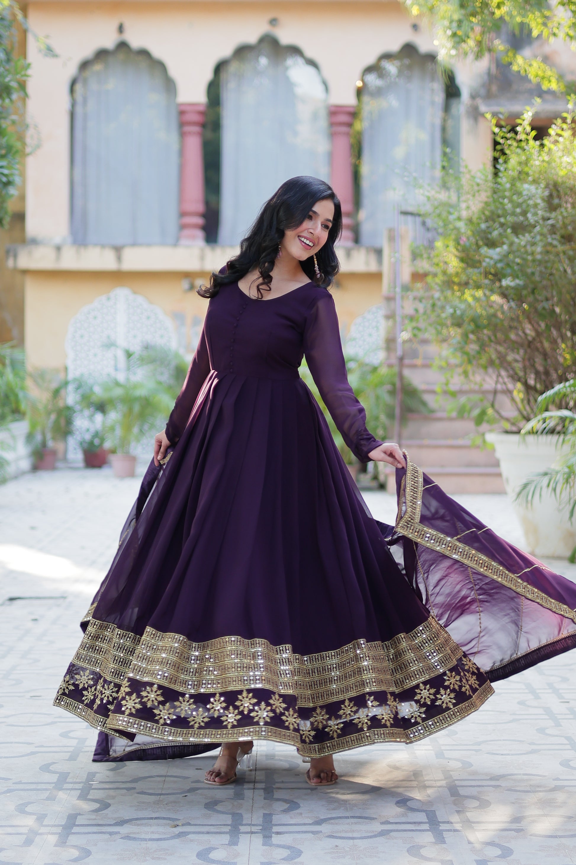 Mokshita Wine Georgette Embroidered Flared Anarkali Set