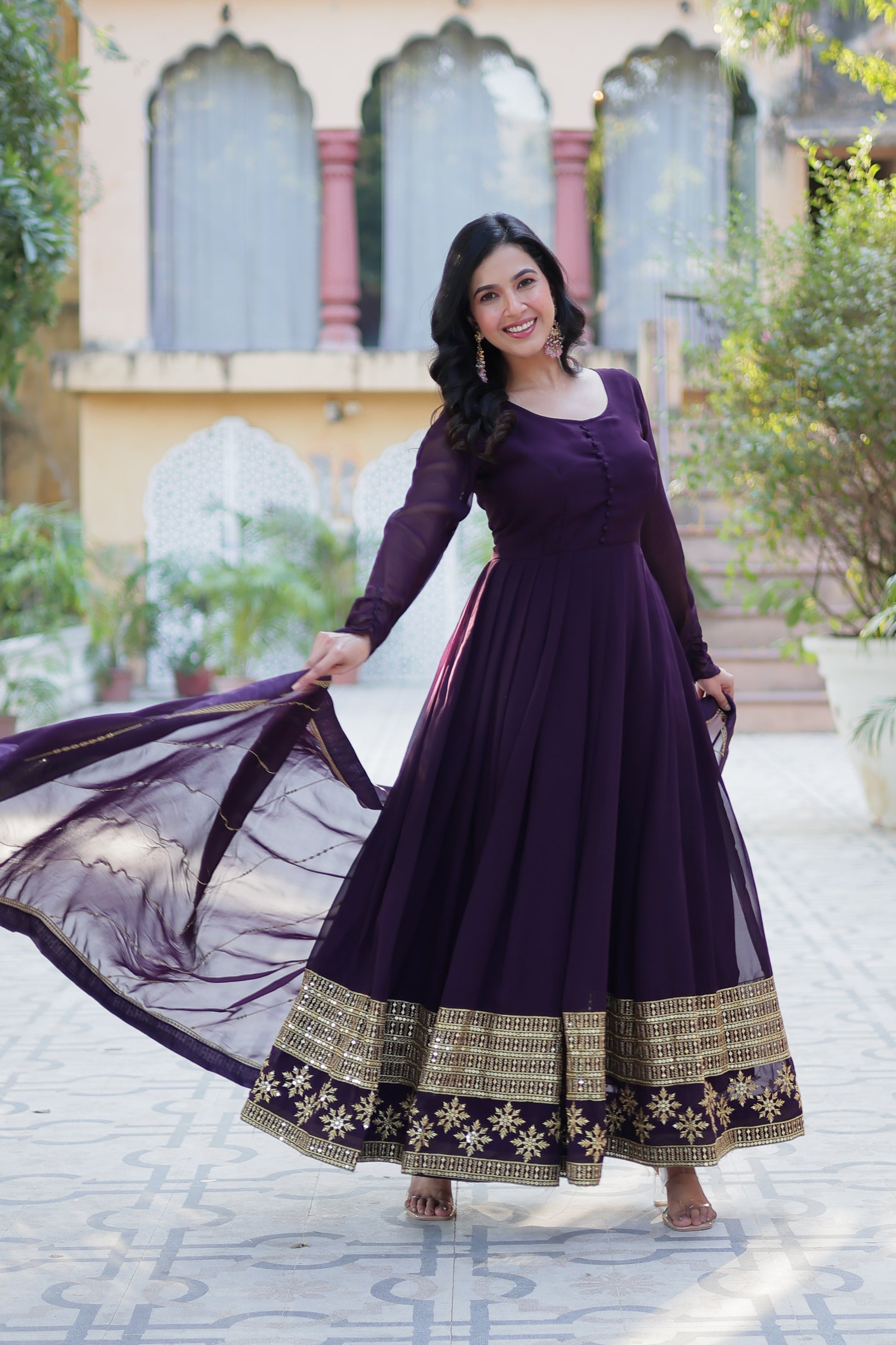 Mokshita Wine Georgette Embroidered Flared Anarkali Set