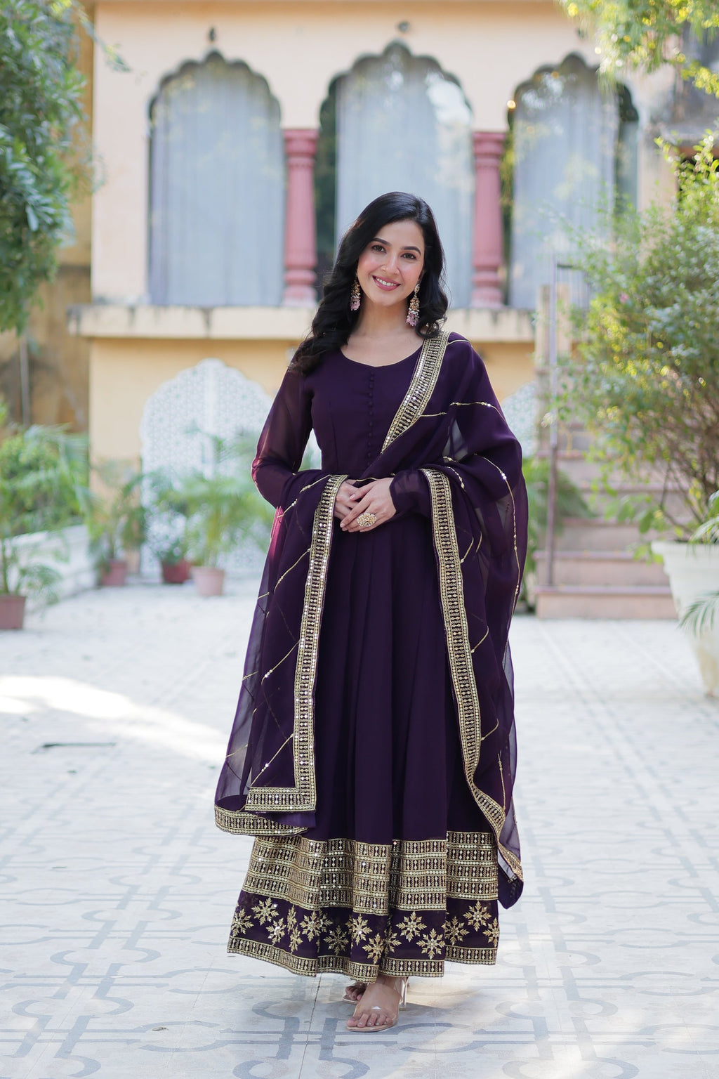 Mokshita Wine Georgette Embroidered Flared Anarkali Set