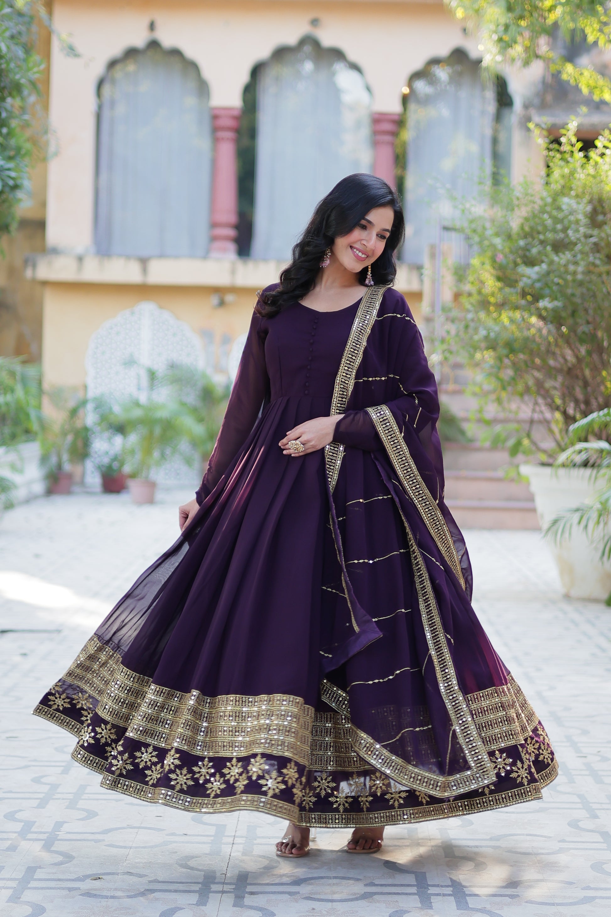 Mokshita Wine Georgette Embroidered Flared Anarkali Set
