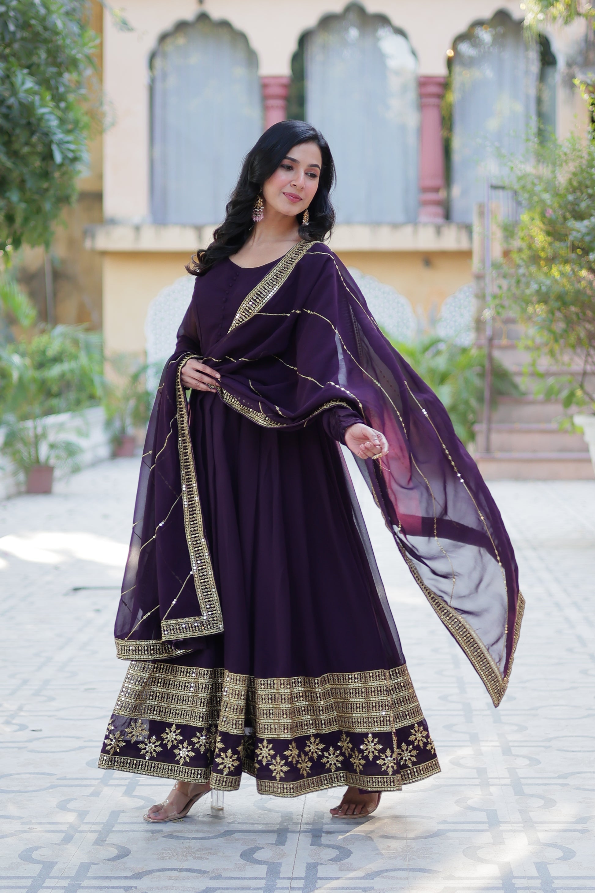 Mokshita Wine Georgette Embroidered Flared Anarkali Set