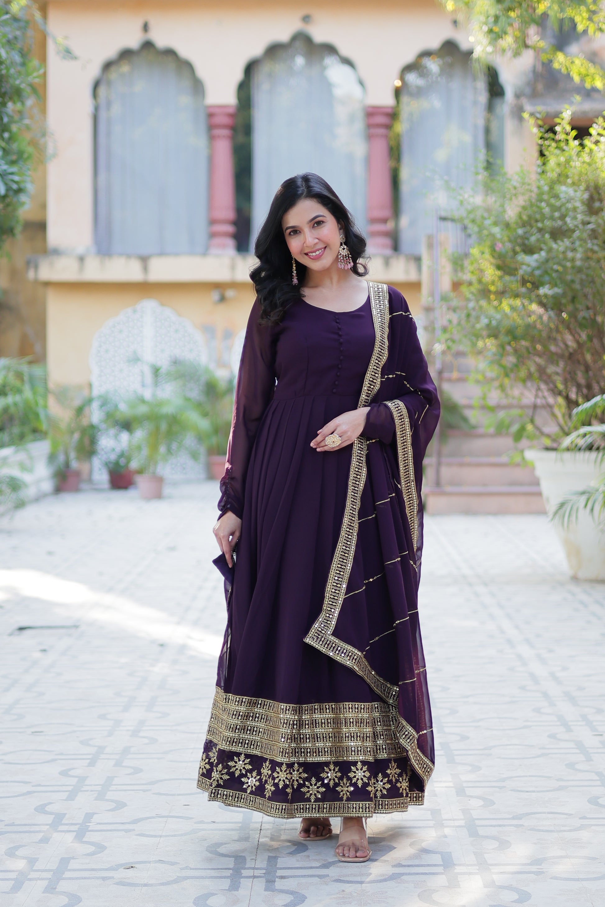 Mokshita Wine Georgette Embroidered Flared Anarkali Set