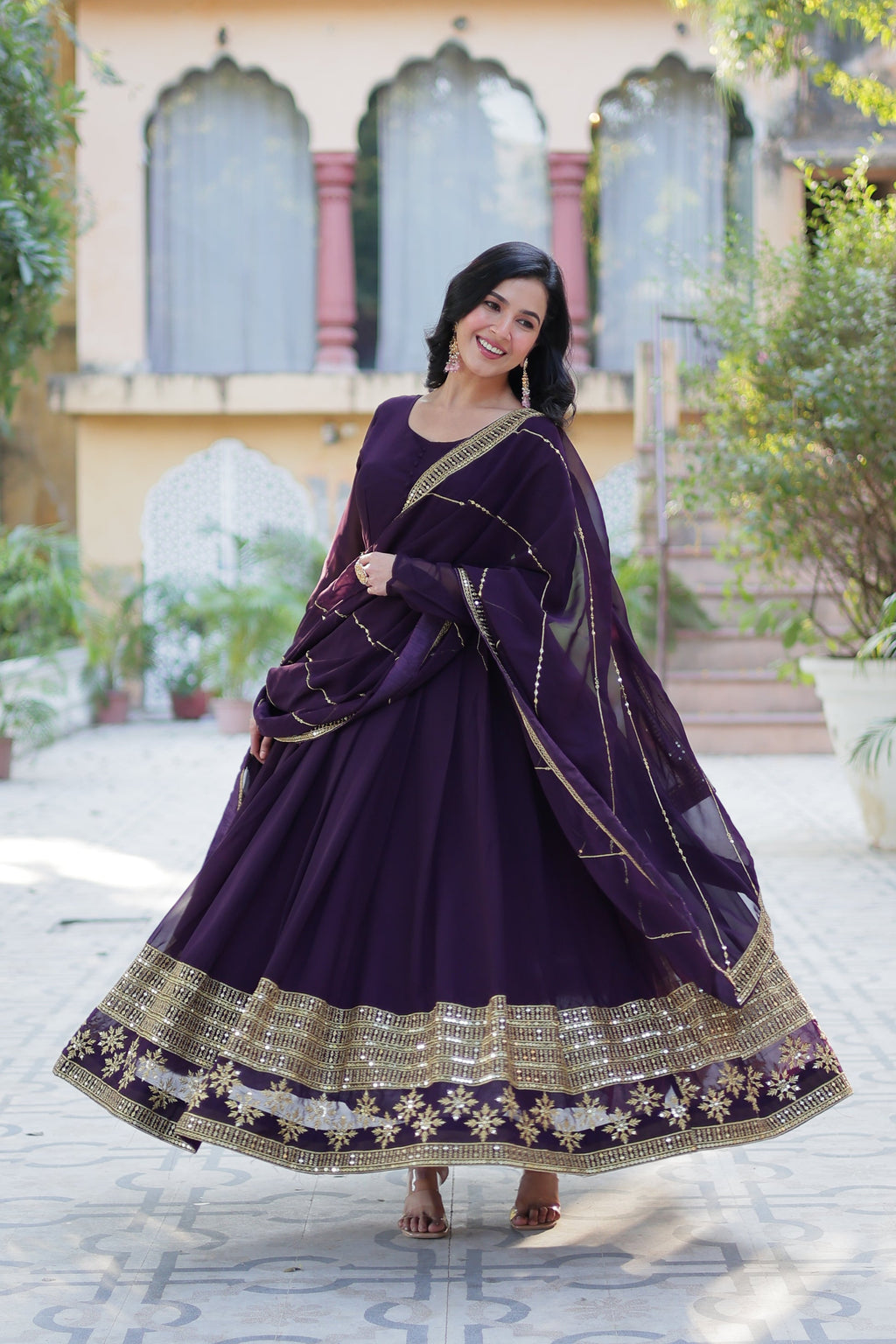Mokshita Wine Georgette Embroidered Flared Anarkali Set