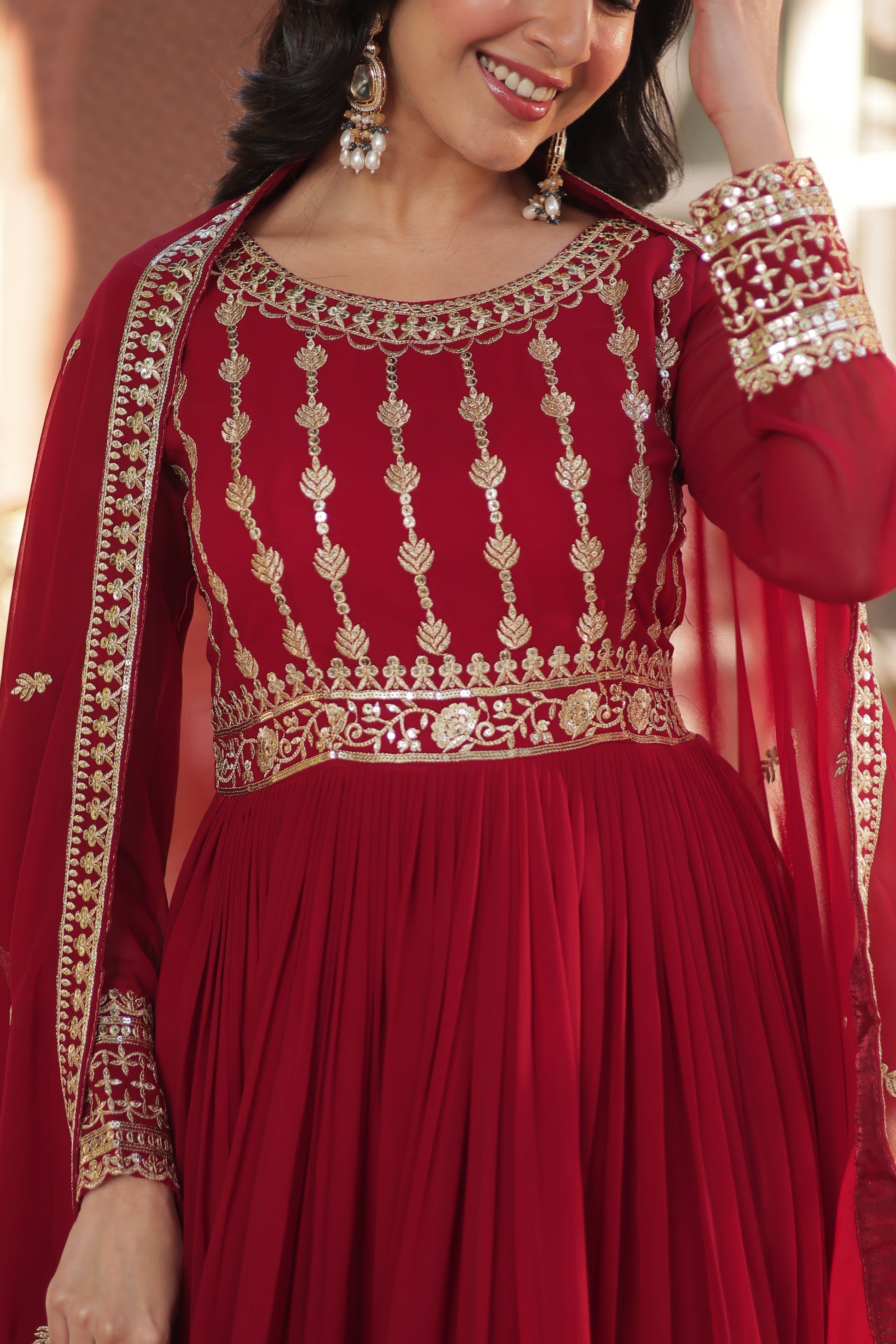 Moumita Maroon Embroidered Anarkali Gown Set