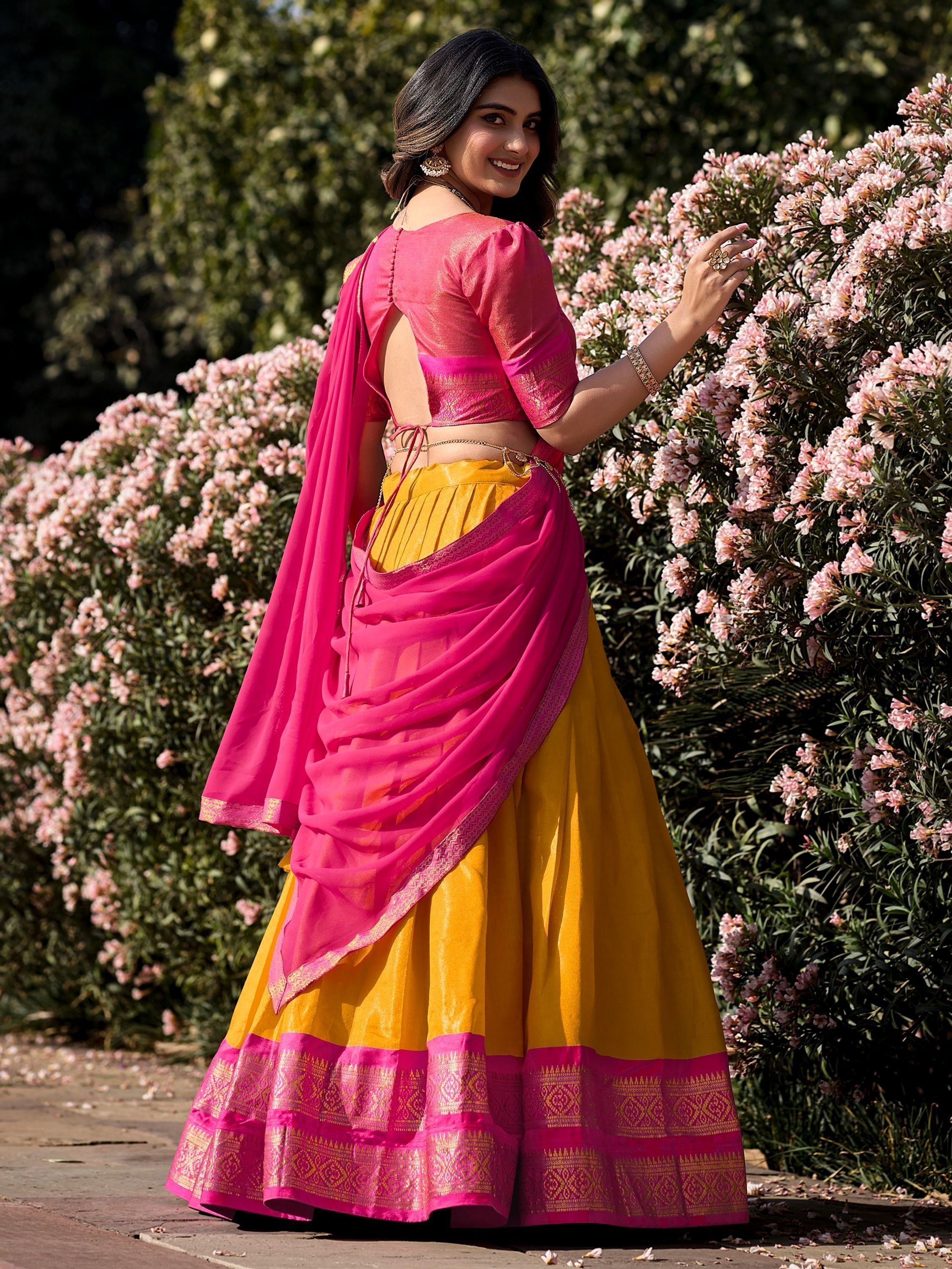 Mustard Yellow Kanchipuram Silk Zari Weaving Work Traditional Lehenga Choli