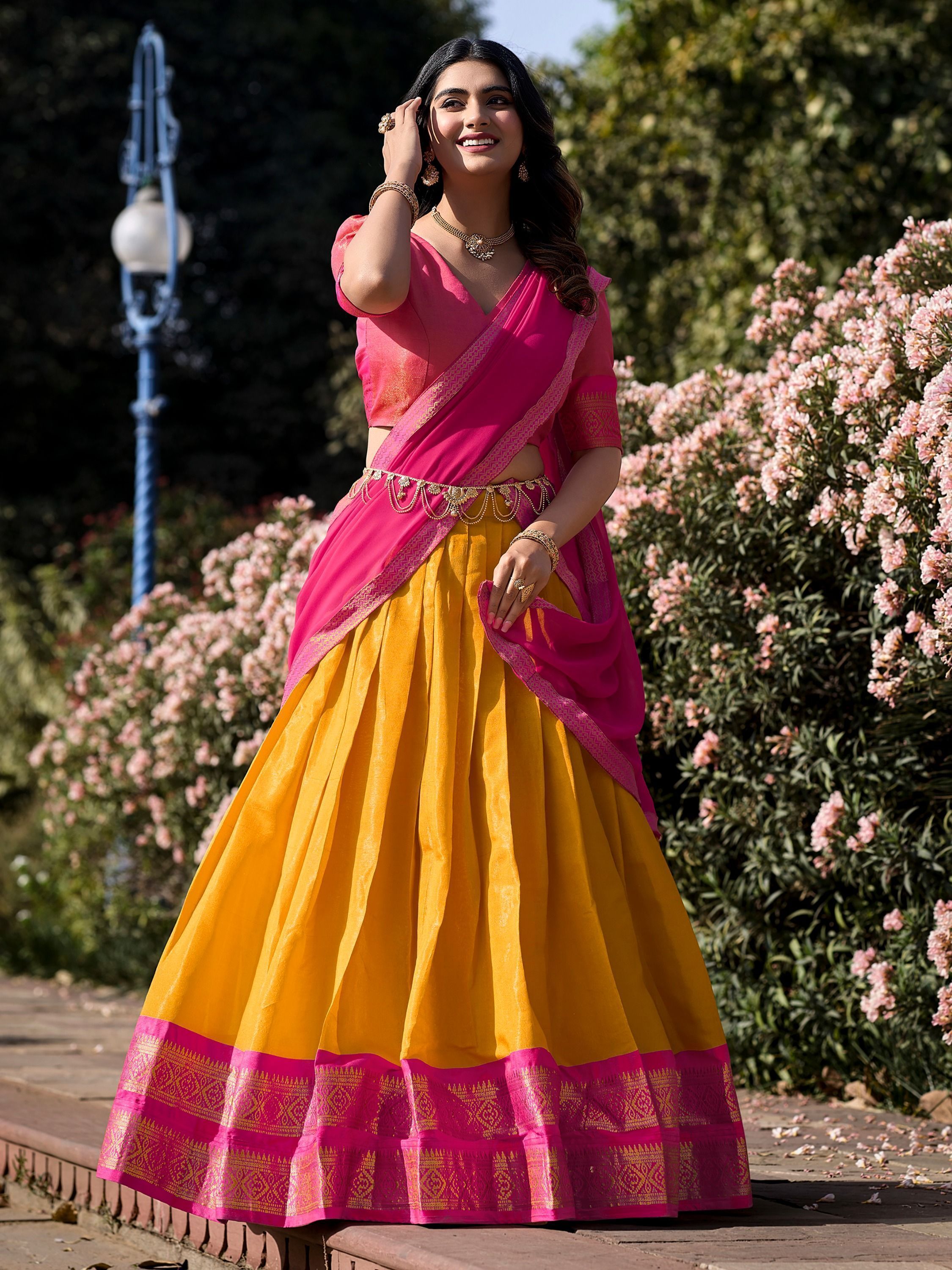 Mustard Yellow Kanchipuram Silk Zari Weaving Work Traditional Lehenga Choli