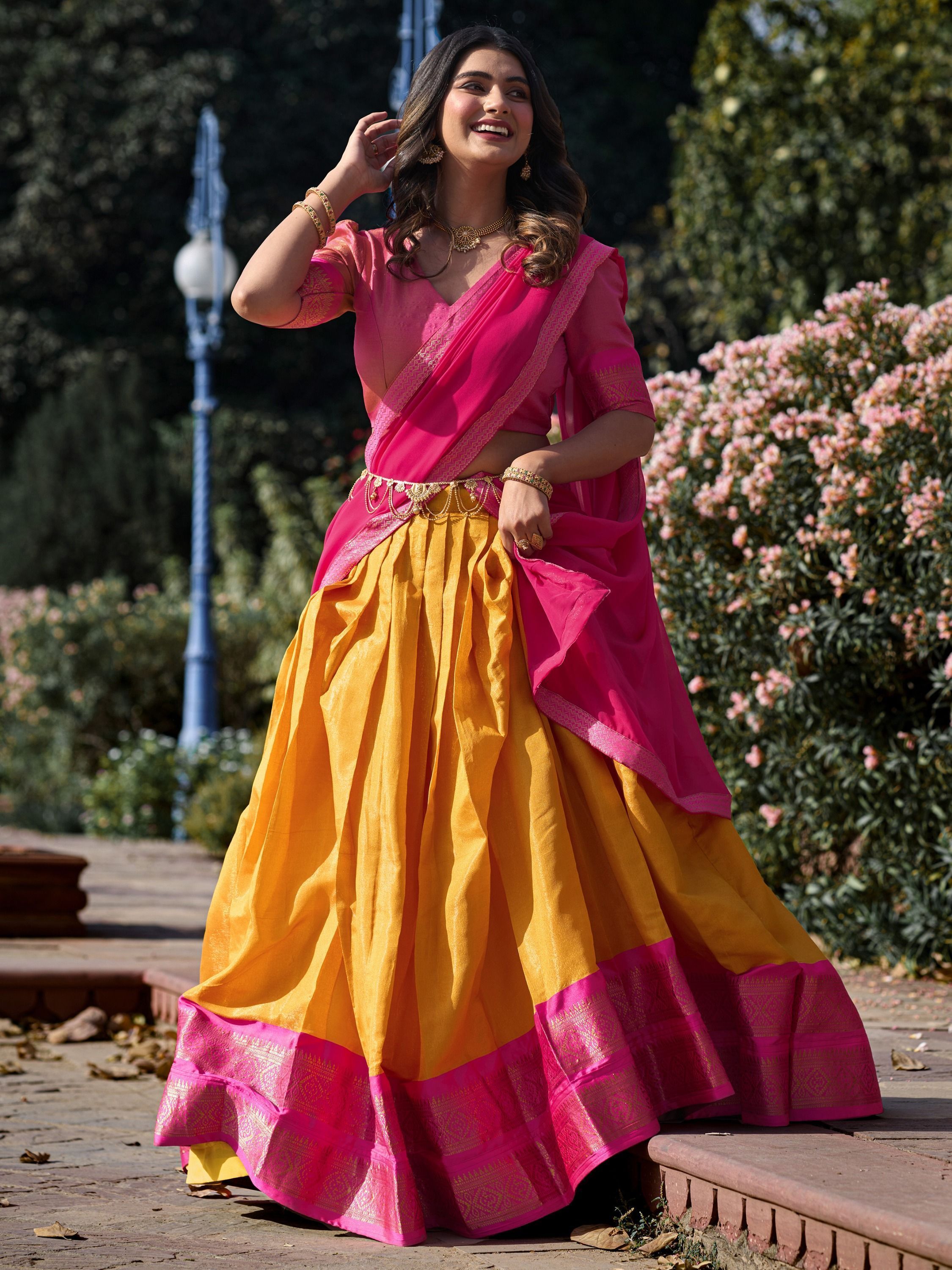 Mustard Yellow Kanchipuram Silk Zari Weaving Work Traditional Lehenga Choli