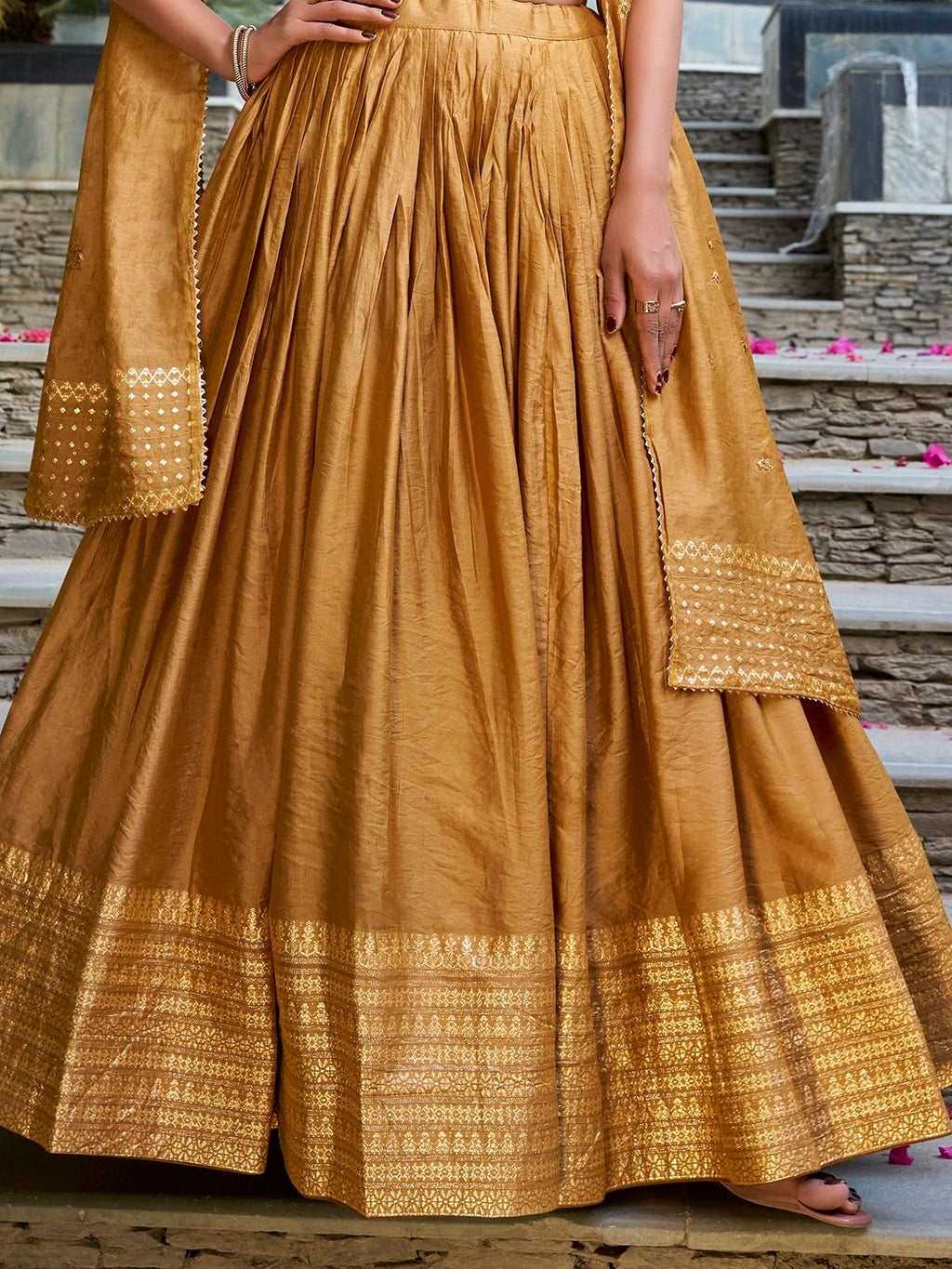Mustard Yellow Pure Chanderi Plain Zari Weaving Lehenga Choli