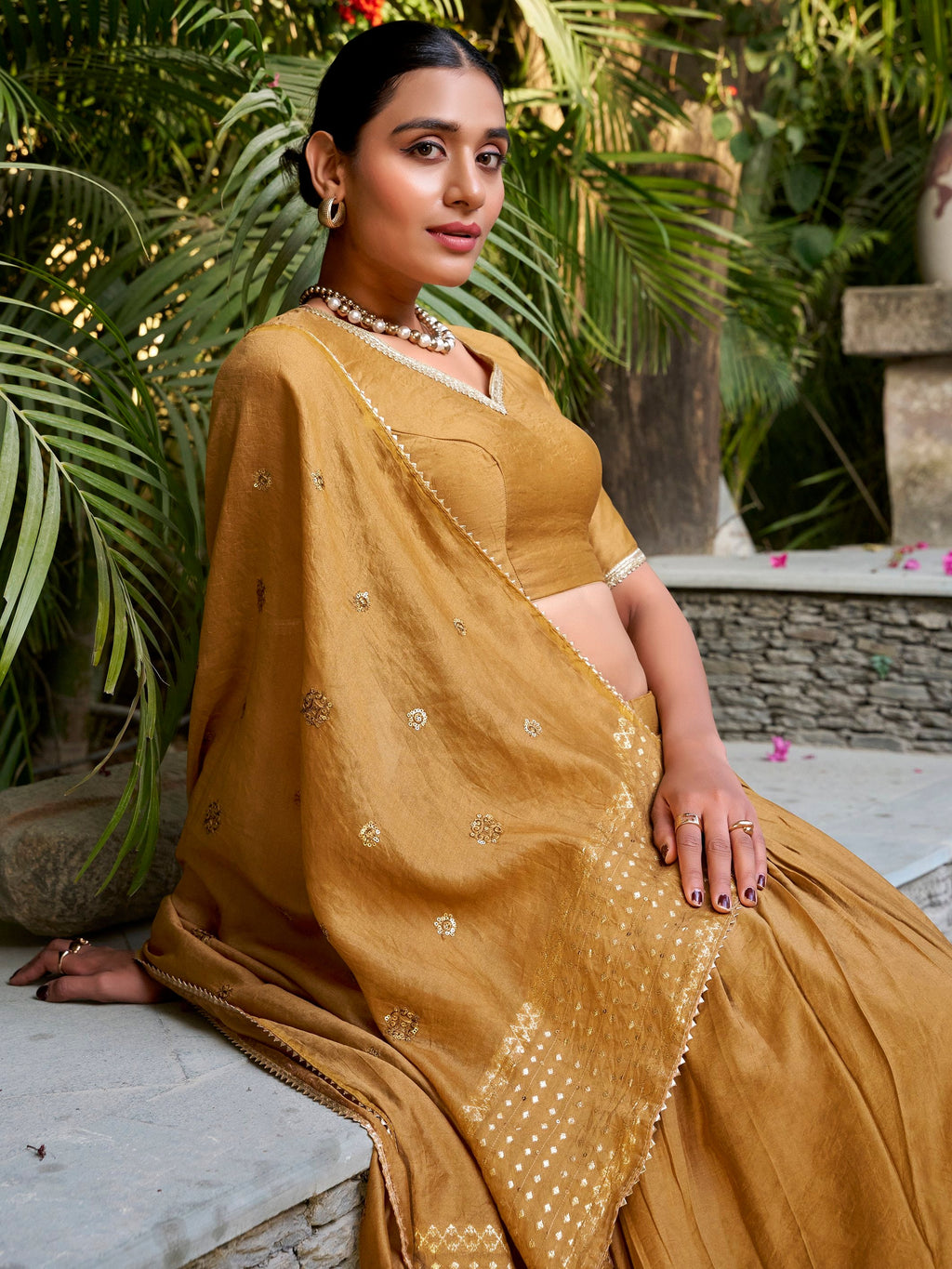 Mustard Yellow Pure Chanderi Plain Zari Weaving Lehenga Choli