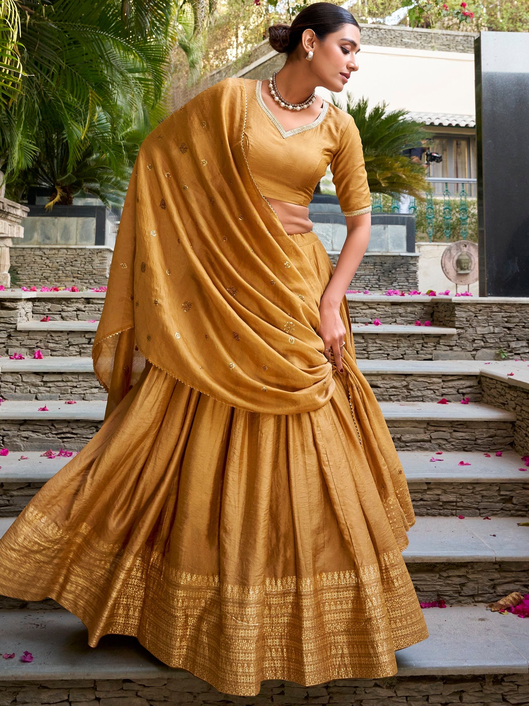 Mustard Yellow Pure Chanderi Plain Zari Weaving Lehenga Choli