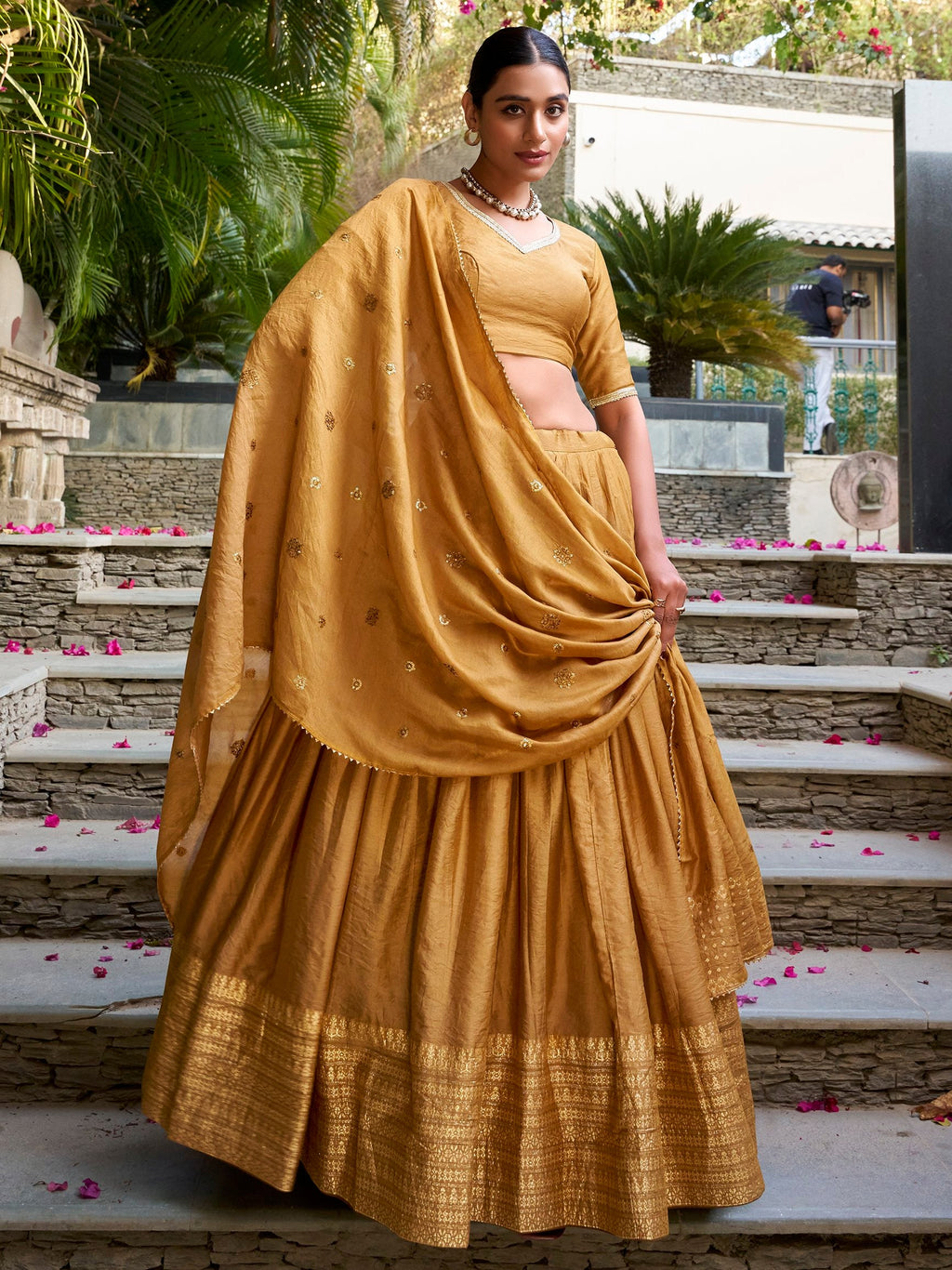 Mustard Yellow Pure Chanderi Plain Zari Weaving Lehenga Choli
