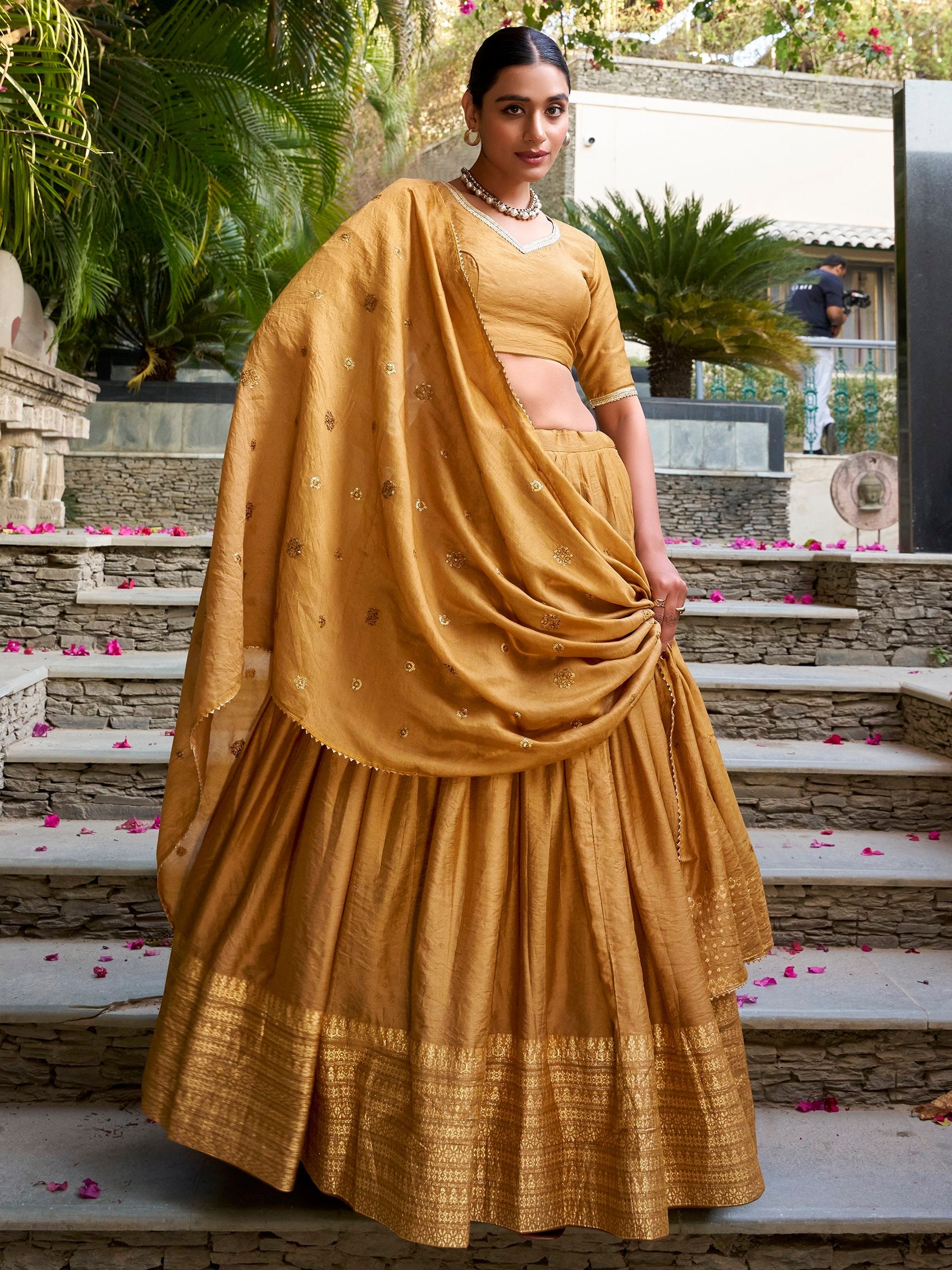 Mustard Yellow Pure Chanderi Plain Zari Weaving Lehenga Choli