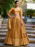 Mustard Yellow Pure Chanderi Plain Zari Weaving Lehenga Choli