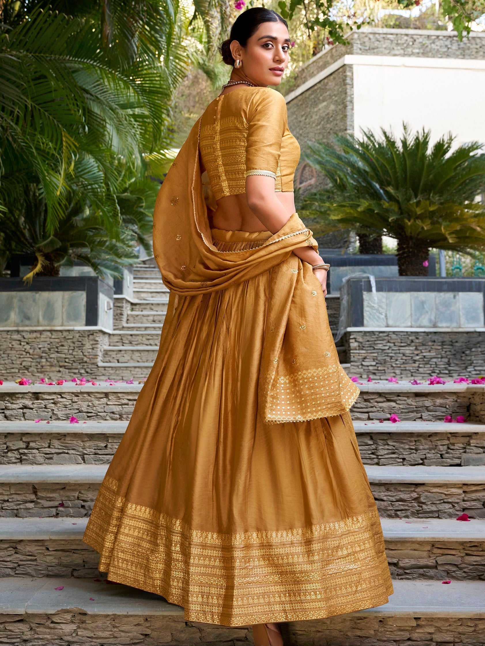 Mustard Yellow Pure Chanderi Plain Zari Weaving Lehenga Choli