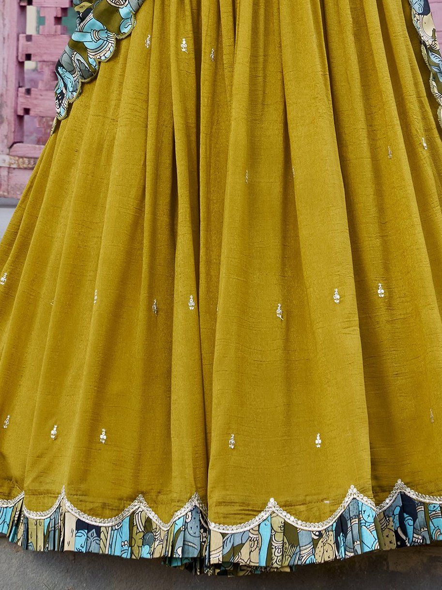 Mustard yellow vichitra silk embroidered lehenga choli