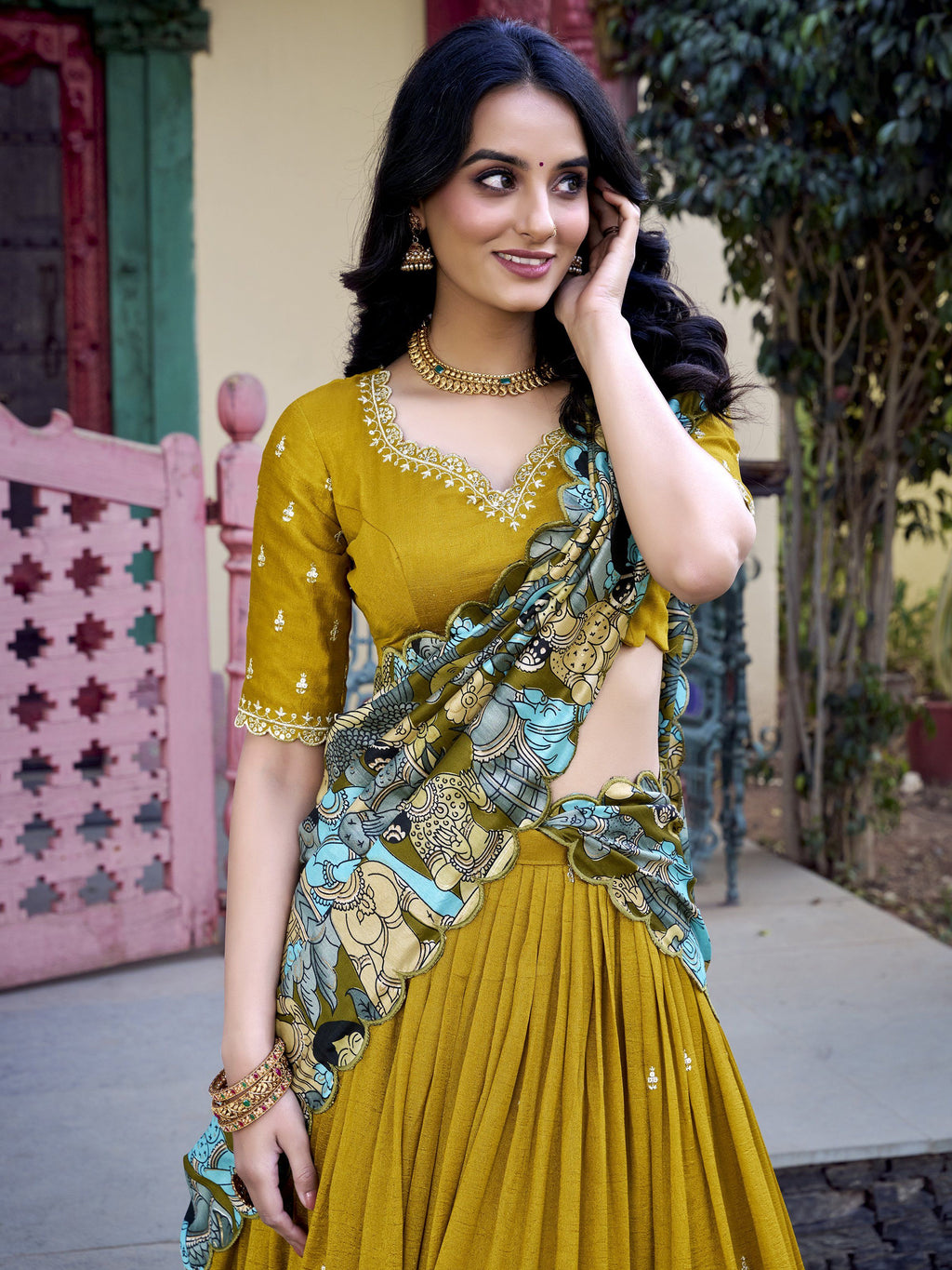Mustard yellow vichitra silk embroidered lehenga choli