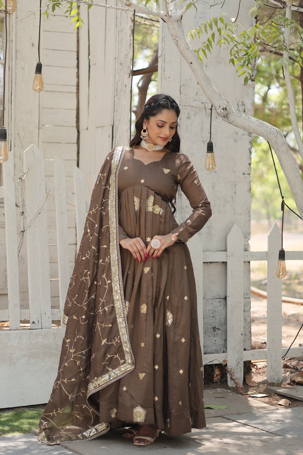 Naira beige embroidered Anarkali gown set