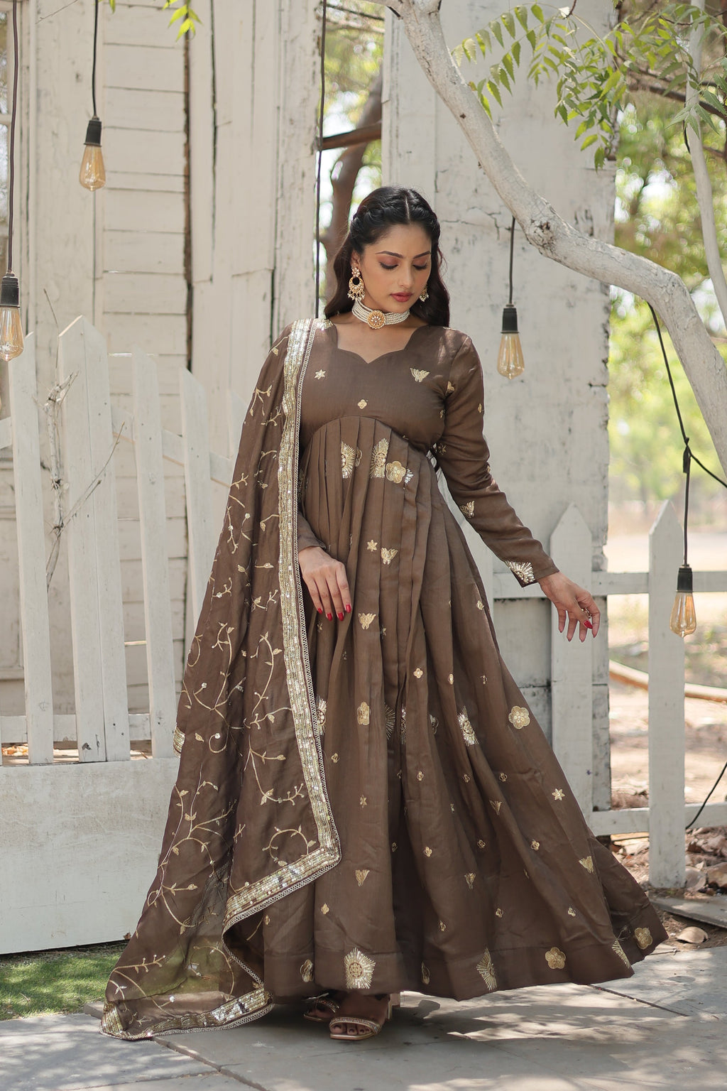 Naira beige embroidered Anarkali gown set