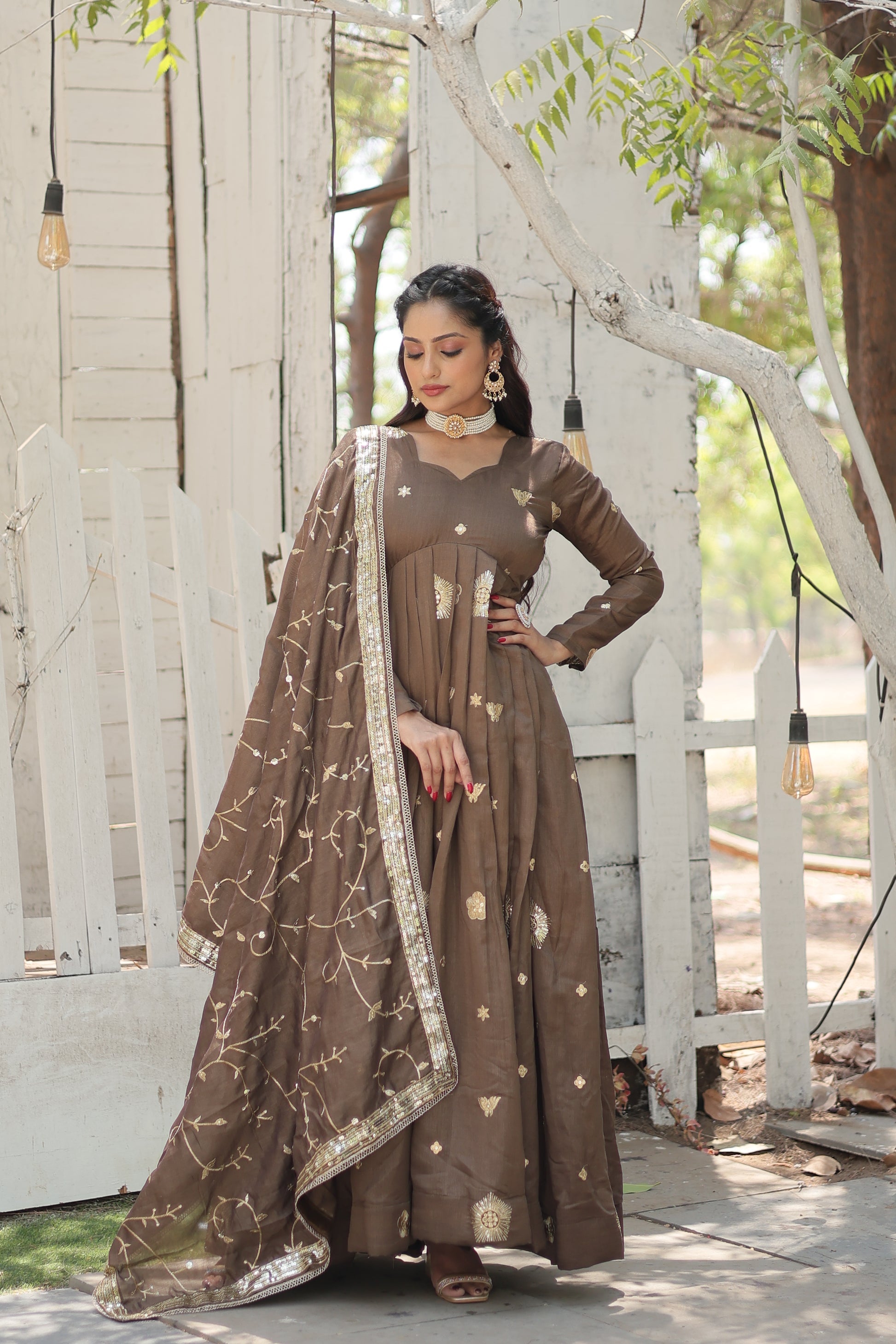 Naira beige embroidered Anarkali gown set
