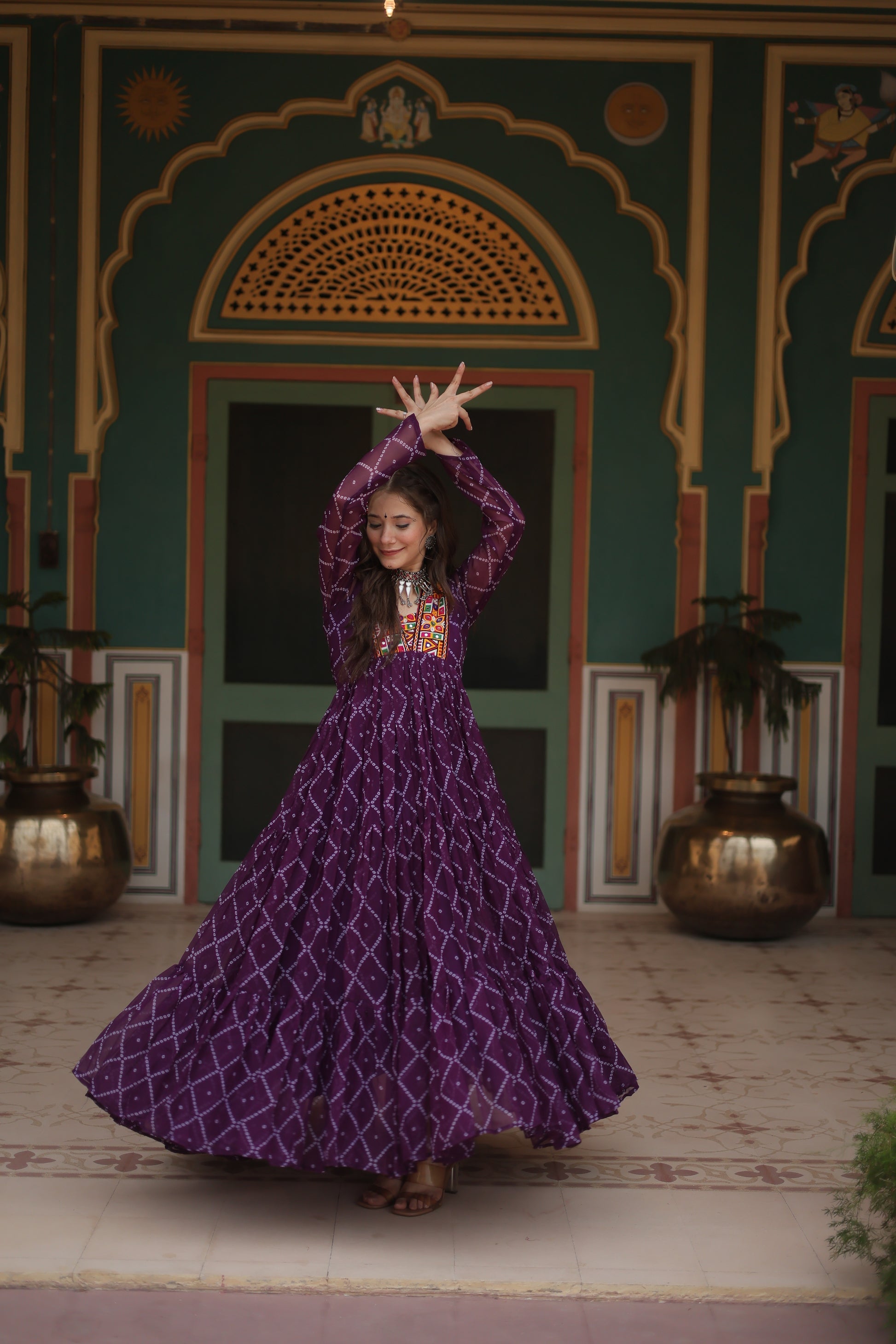 Purple bandhani georgette Naisha designer Anarkali gown