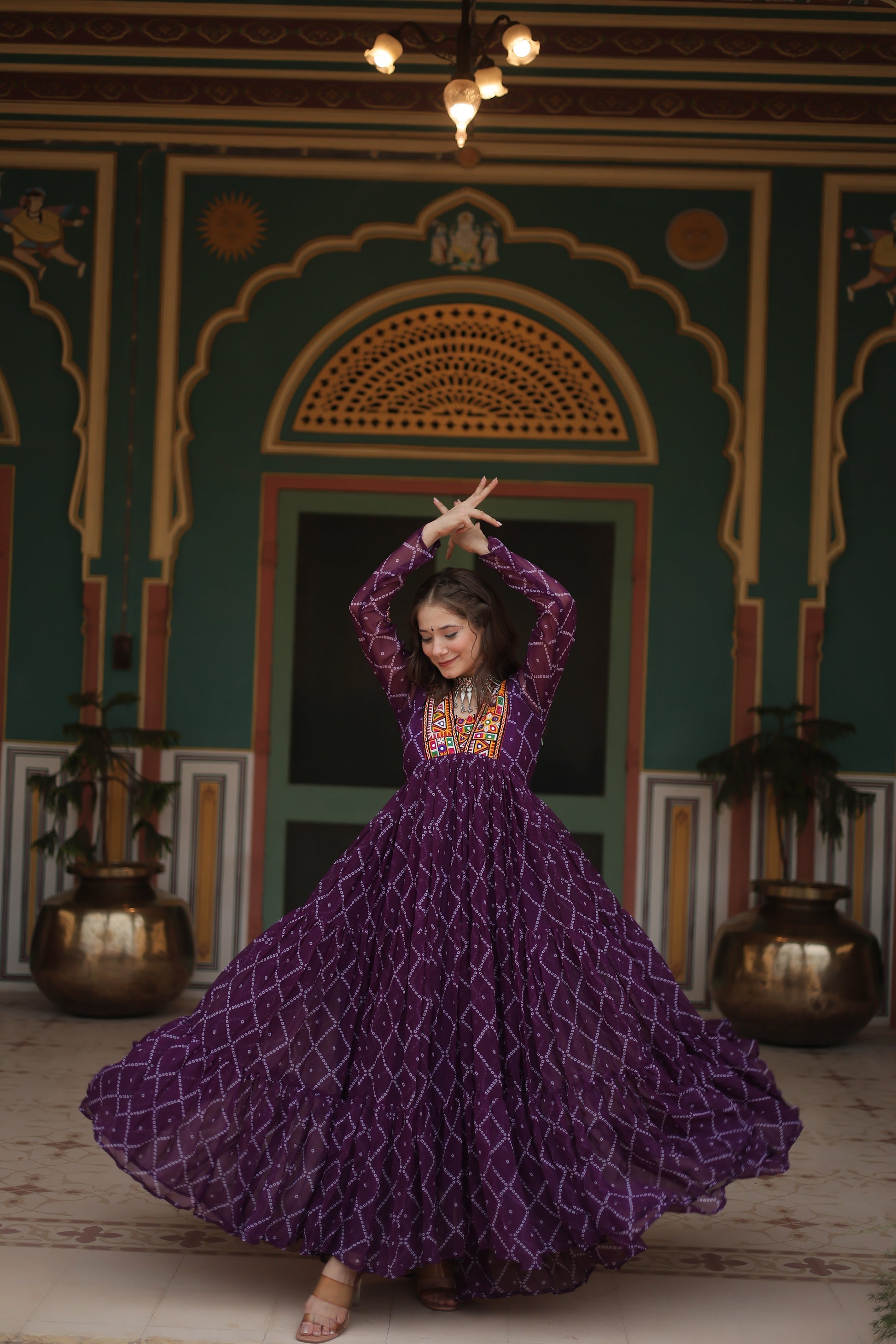 Purple bandhani georgette Naisha designer Anarkali gown