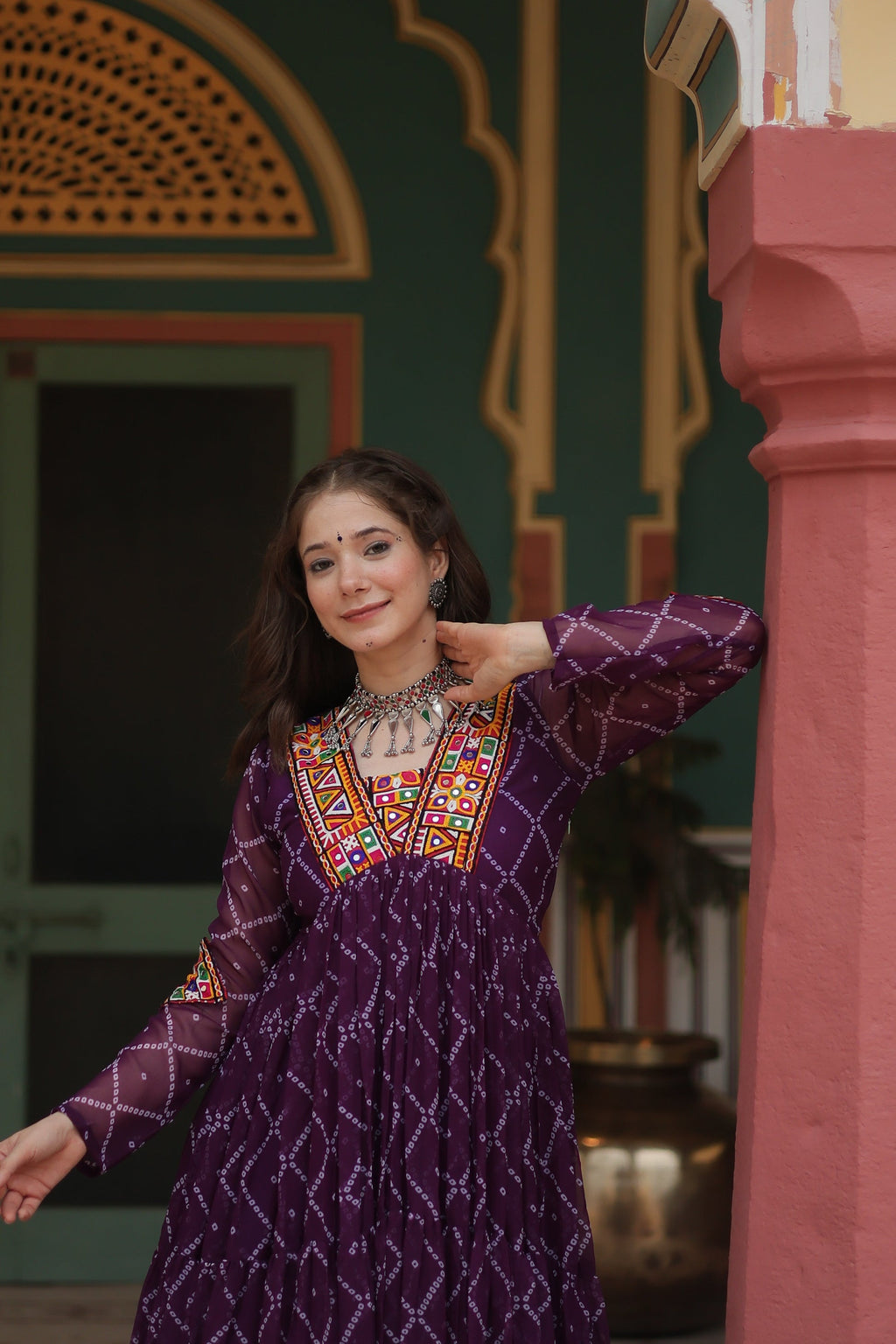 Purple bandhani georgette Naisha designer Anarkali gown