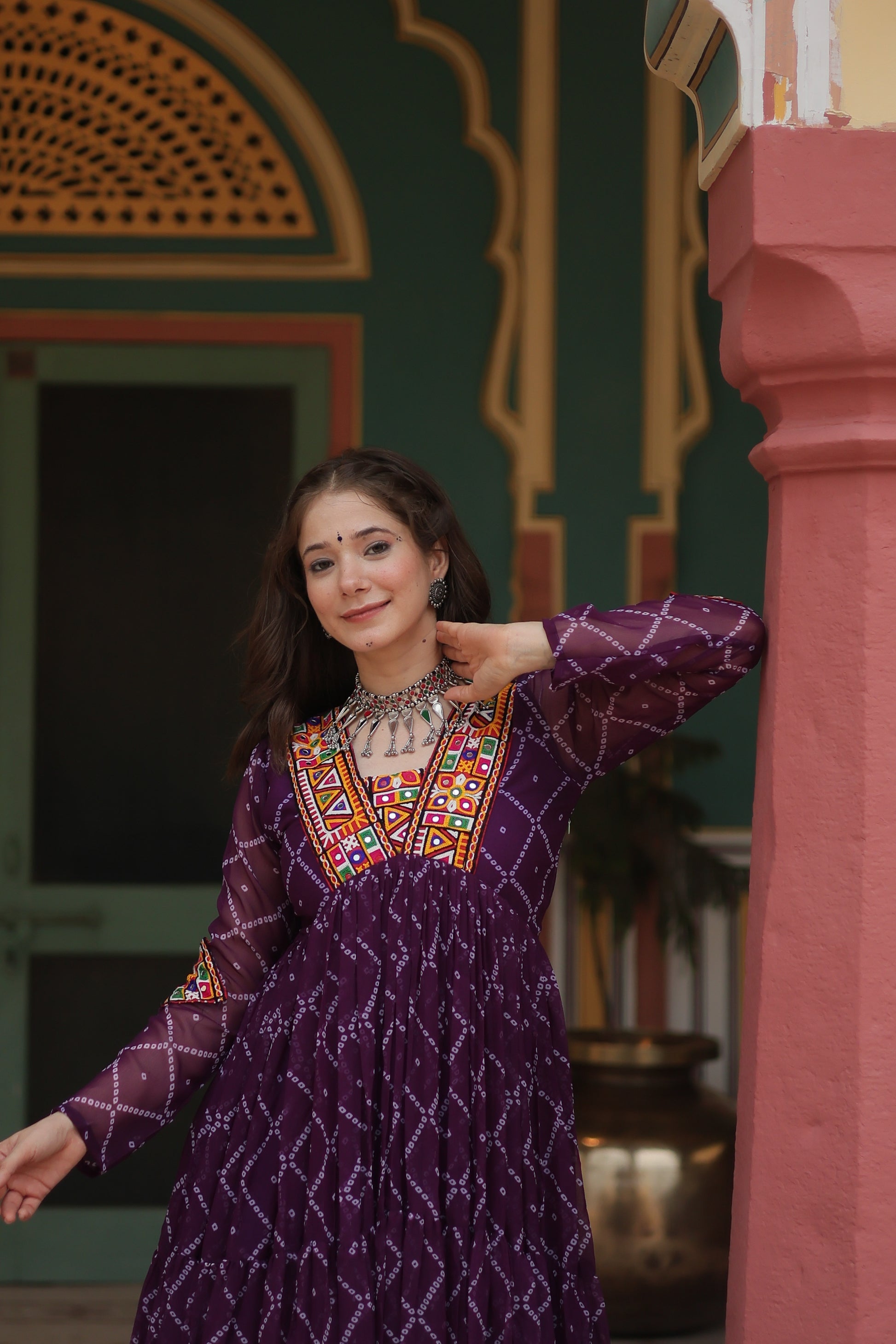 Purple bandhani georgette Naisha designer Anarkali gown