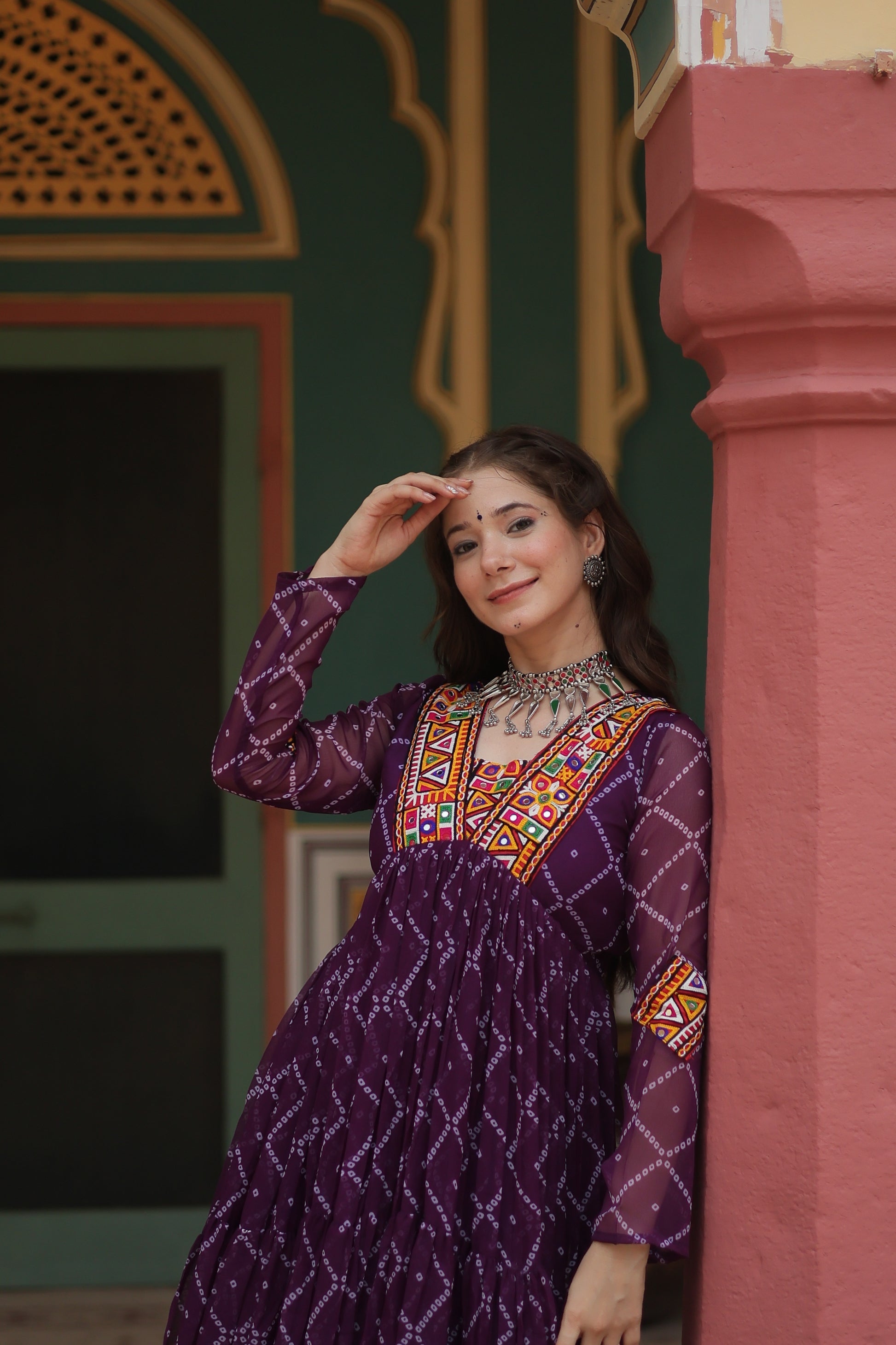 Purple bandhani georgette Naisha designer Anarkali gown