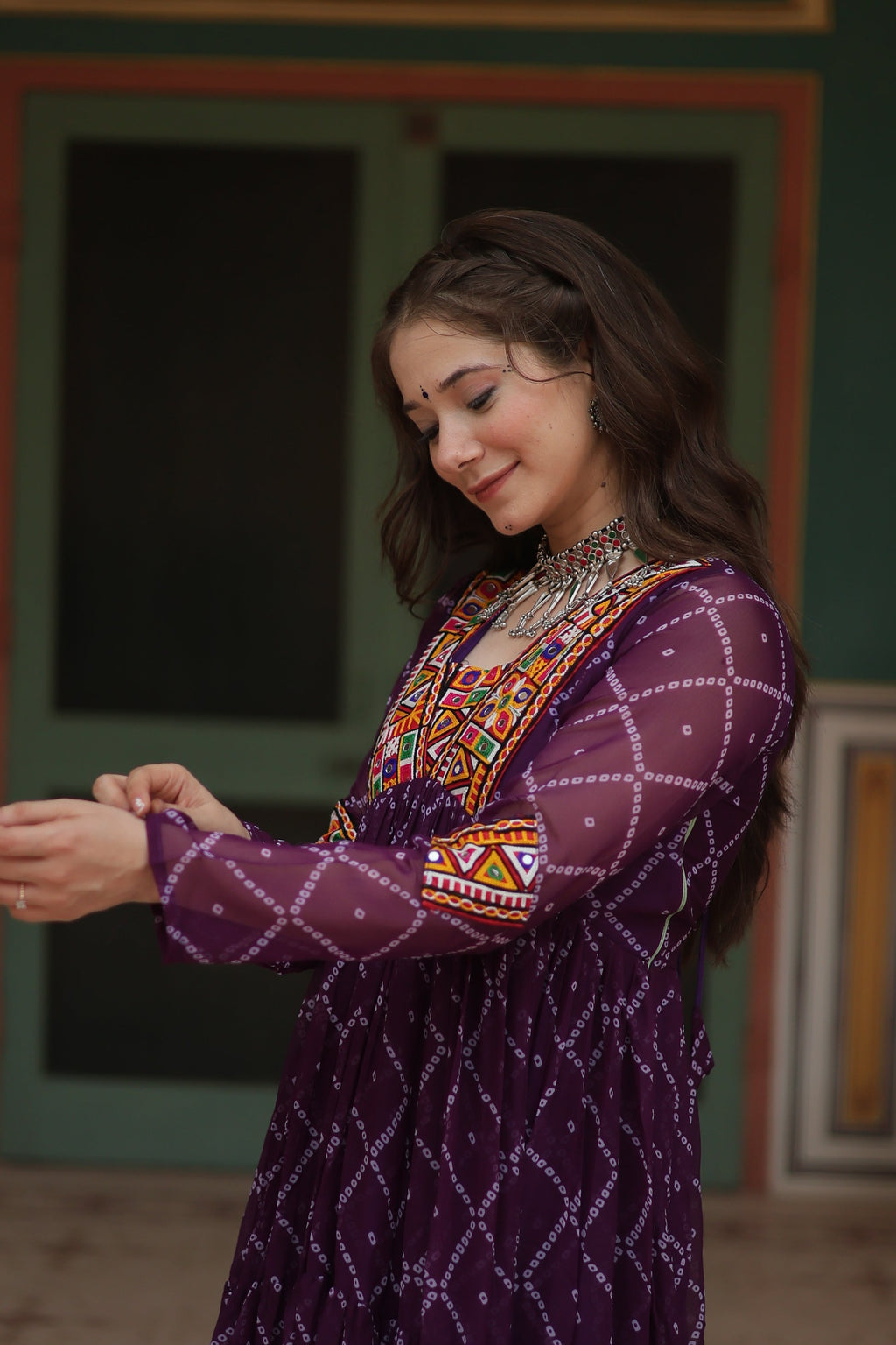 Purple bandhani georgette Naisha designer Anarkali gown