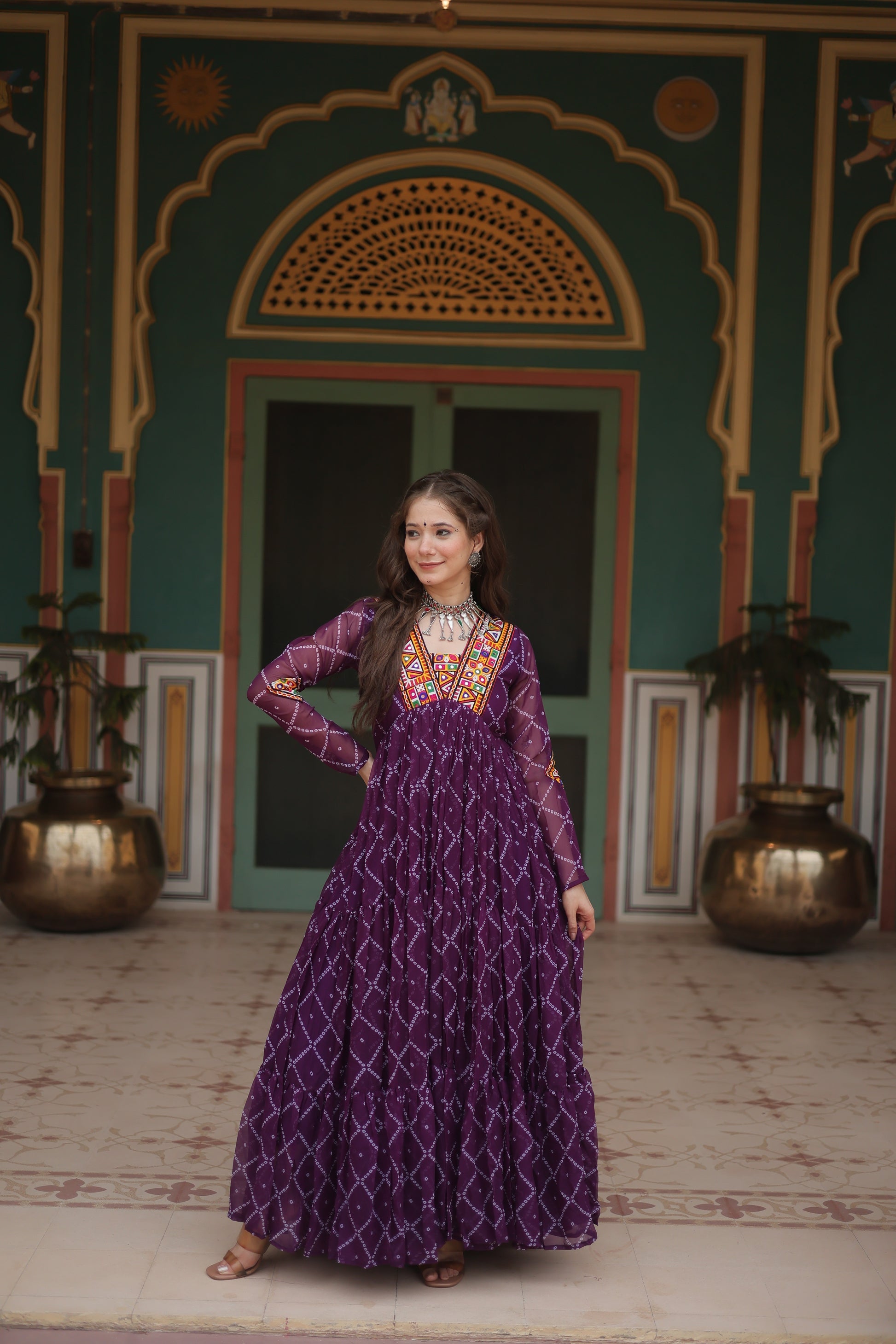 Purple bandhani georgette Naisha designer Anarkali gown
