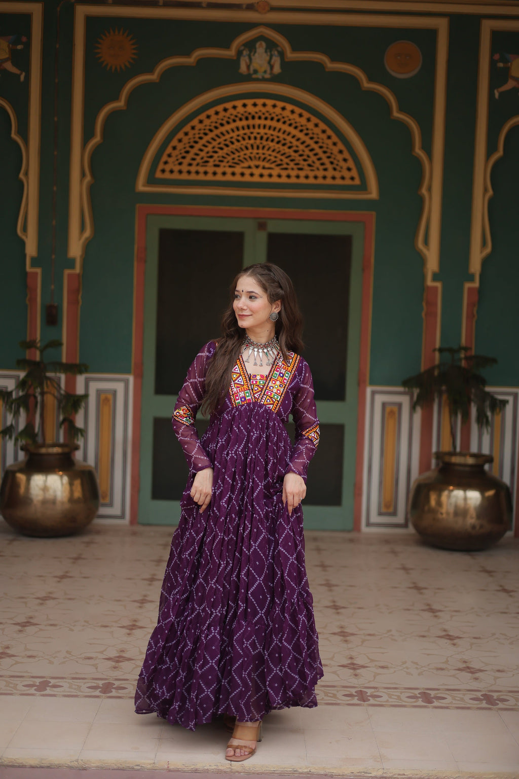 Purple bandhani georgette Naisha designer Anarkali gown