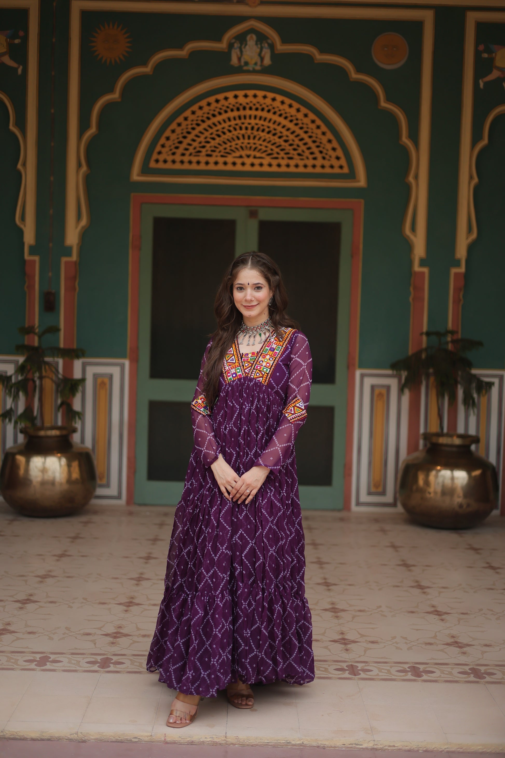 Purple bandhani georgette Naisha designer Anarkali gown